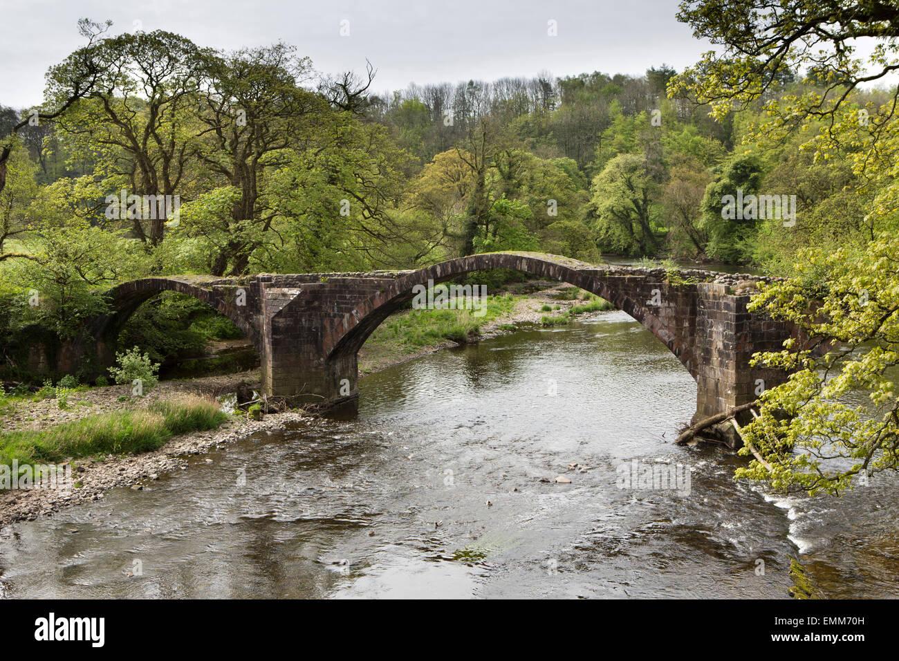 Regno Unito, Inghilterra, Lancashire, Ribble Valley, Hurst Green, rovine di Cromwell il ponte sul fiume Hodder Foto Stock