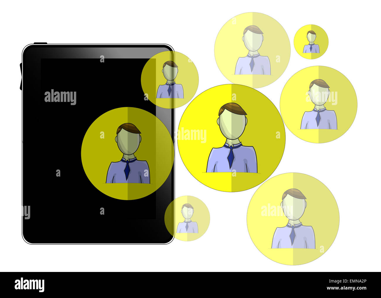 Illustrazione di tablet con i social media capi isolati su sfondo bianco Foto Stock