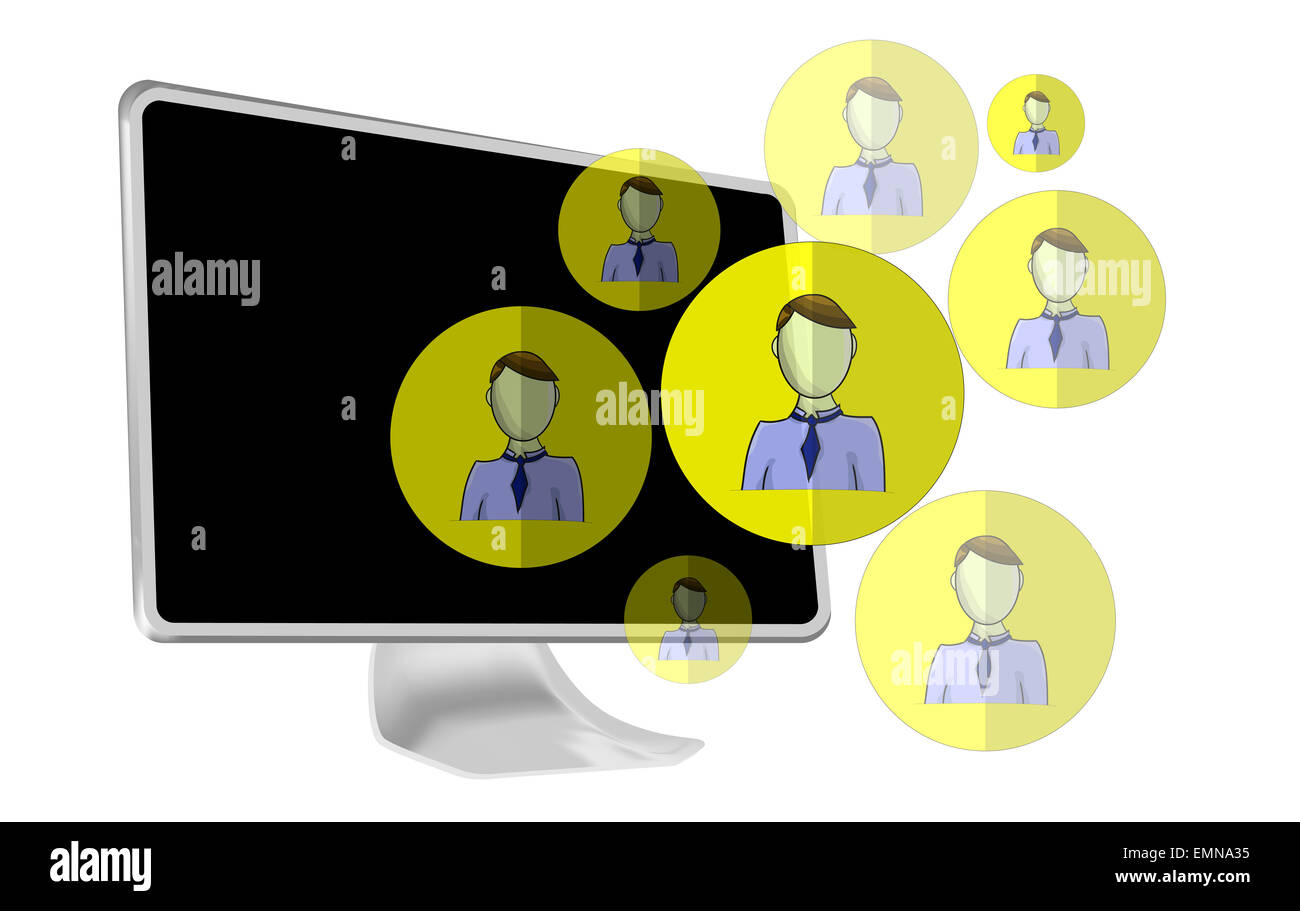 Illustrazione dei social media le teste con il computer Foto Stock