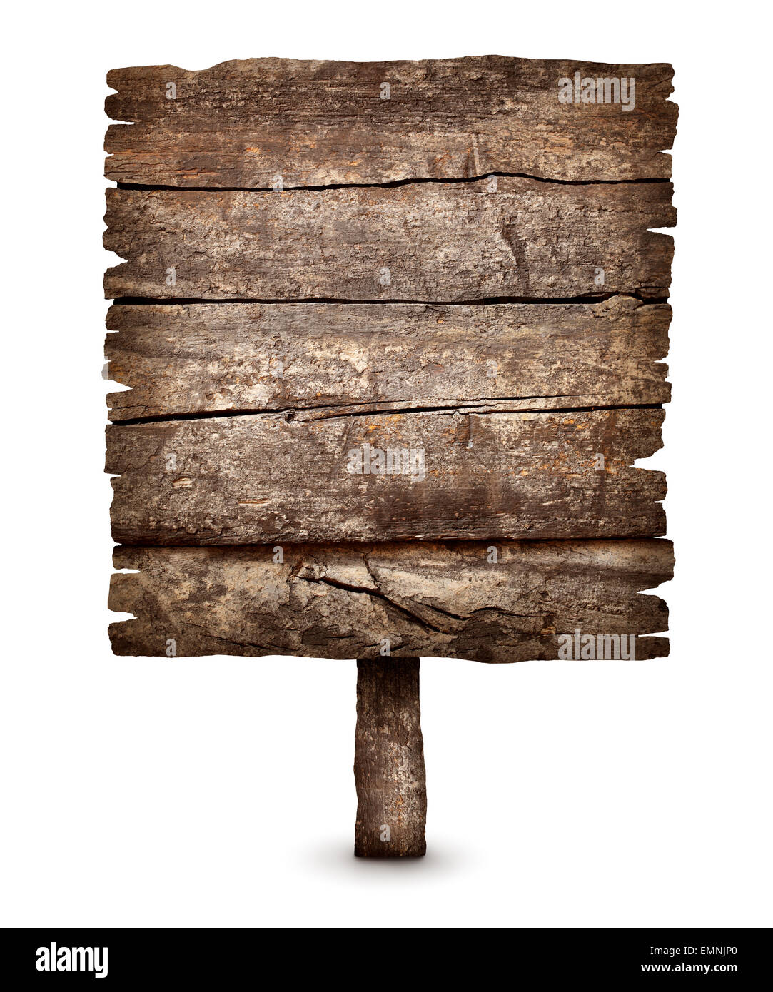 Vecchio vuoto in legno stagionato segno bordo pronto per il messaggio isolato su bianco Foto Stock