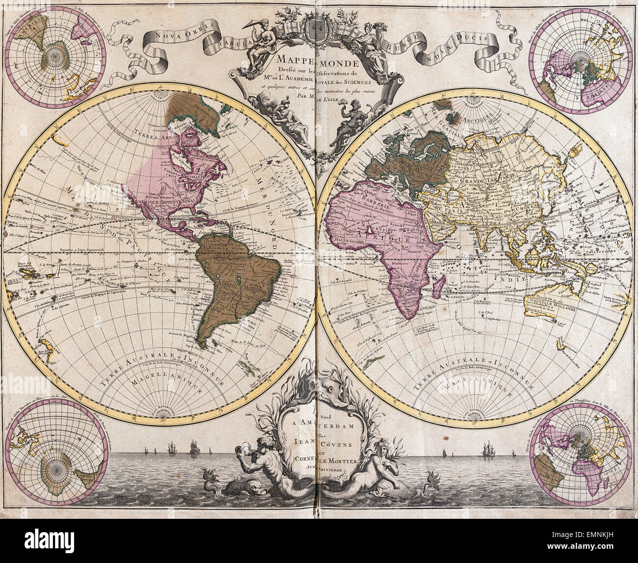 Una vecchia mappa del mondo, da G. De L'Isle in "Atlas nouveau', 1730 Foto Stock