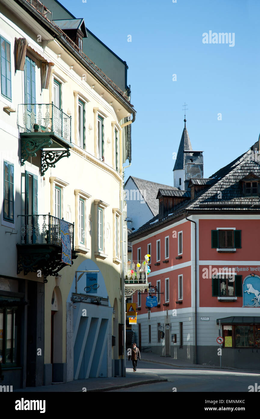 Bad Aussee mit Blick zum Gasthof Weißes Rössl und Spitalskirche, Salzkammergut, Austria Foto Stock