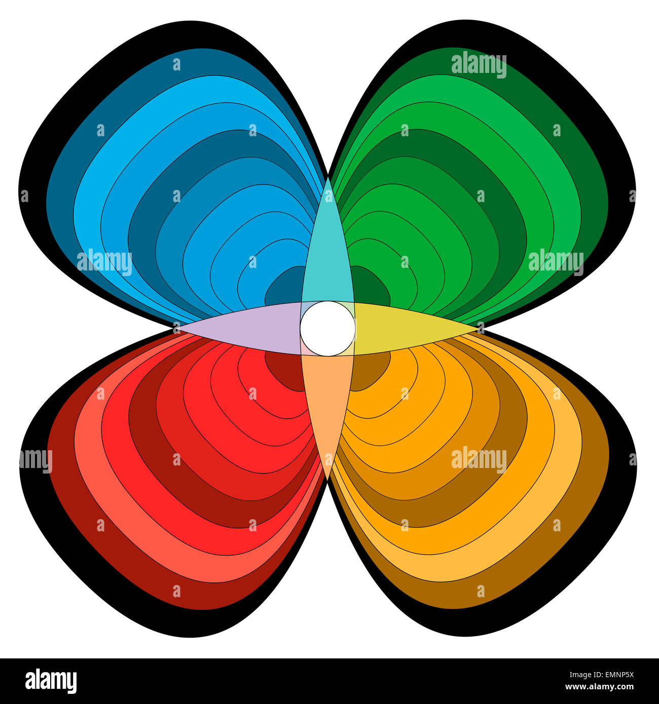 Fiore quadrifoglio - simbolo quadripartita - colori di base - Illustrazione - sfondo bianco. Foto Stock