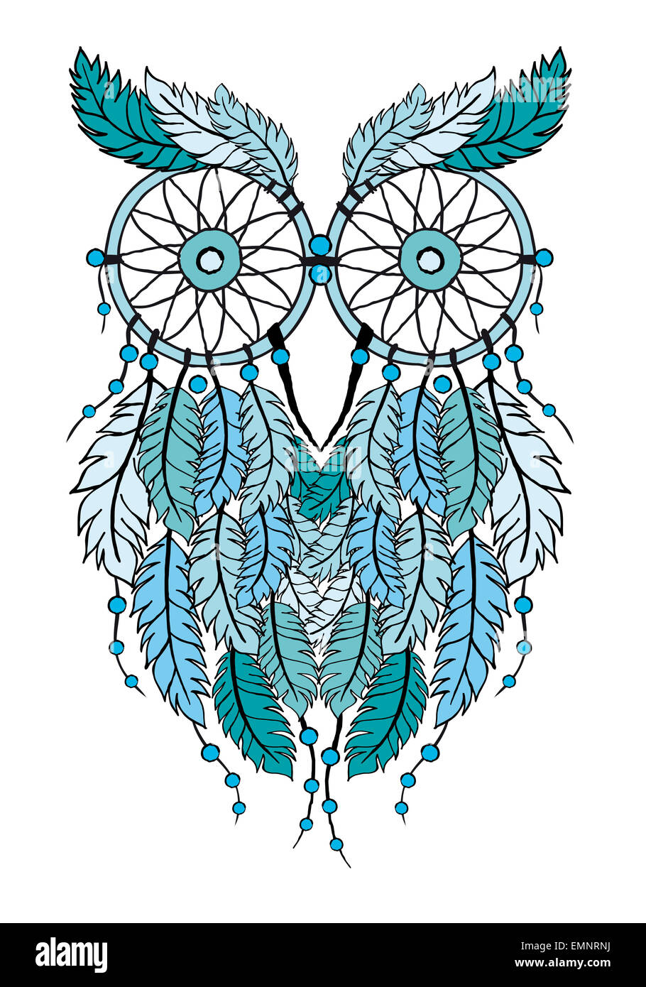 Tribale blue dream catcher owl, disegnati a mano illustrazione Foto Stock
