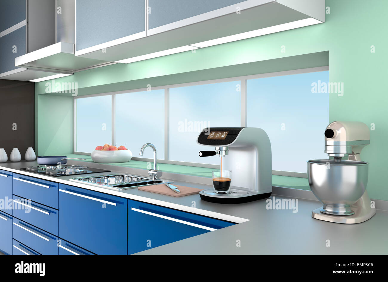 Cucina moderna con interni eleganti caffè, cibo mixer. Foto Stock