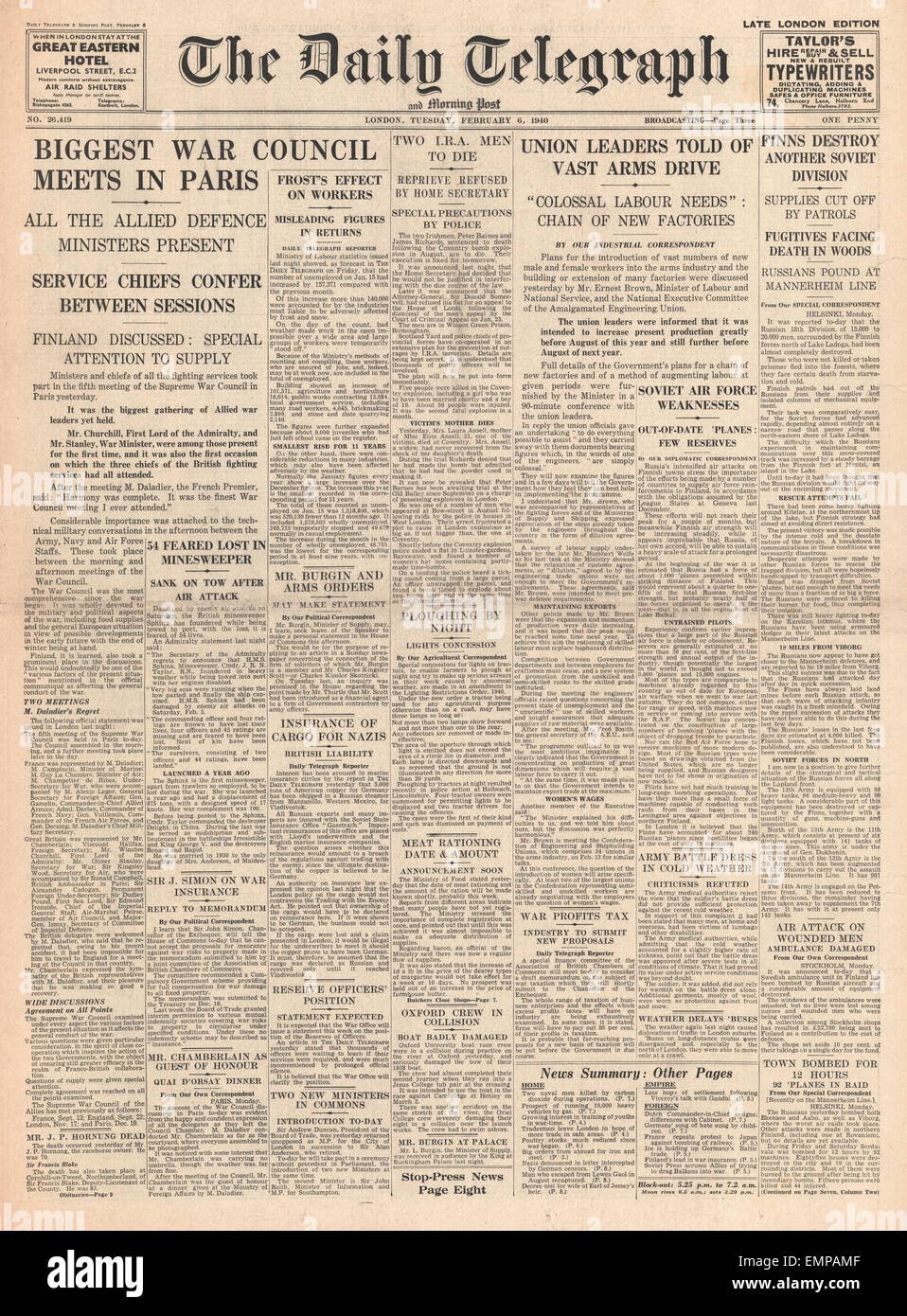 1940 front page Daily Telegraph Supremo Consiglio di guerra si riunisce a Parigi Foto Stock