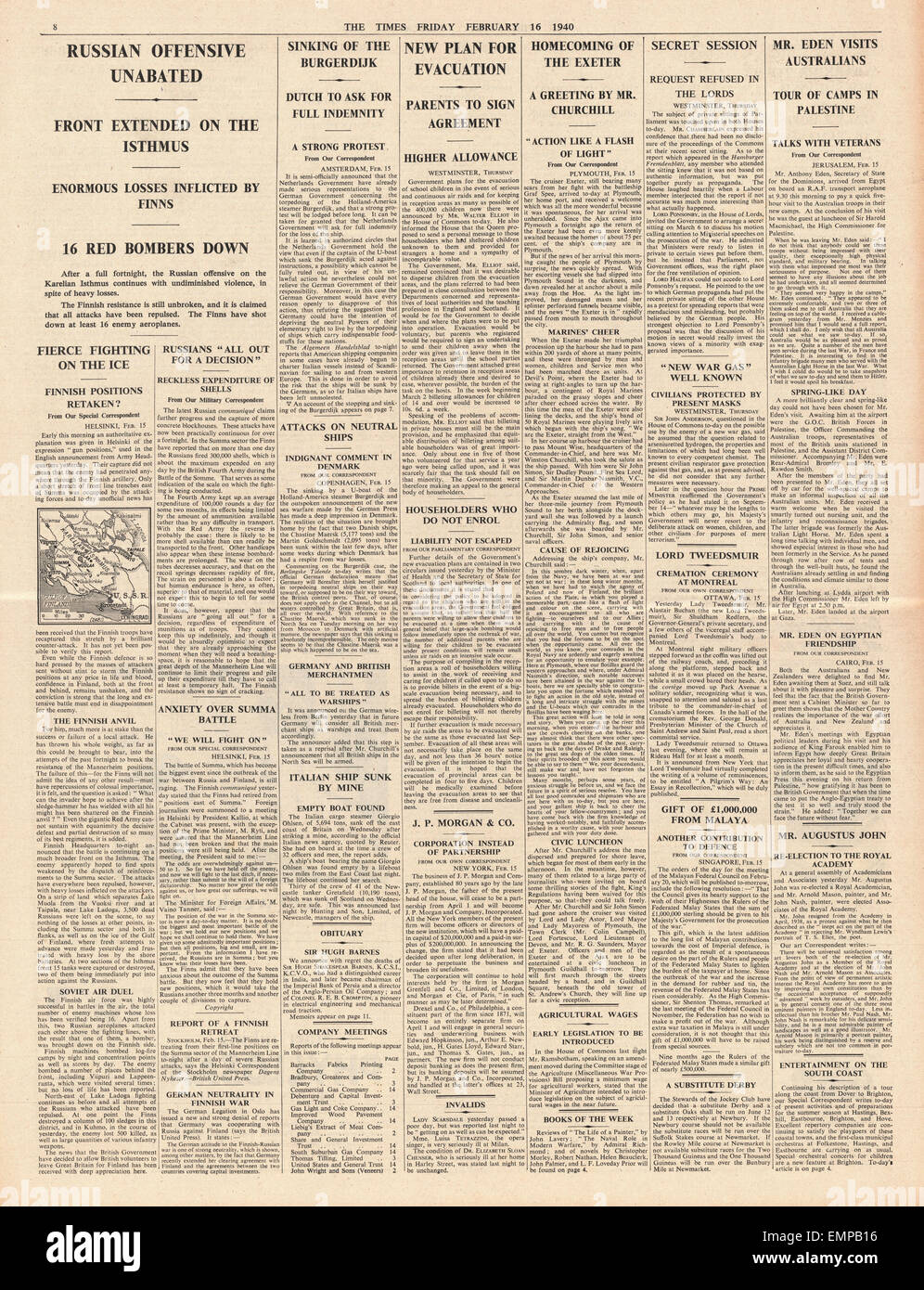 1940 Pagina 8 Tempi offensiva russa in Finlandia continua, i nuovi piani di evacuazione naufragio olandese della nave da carico Foto Stock