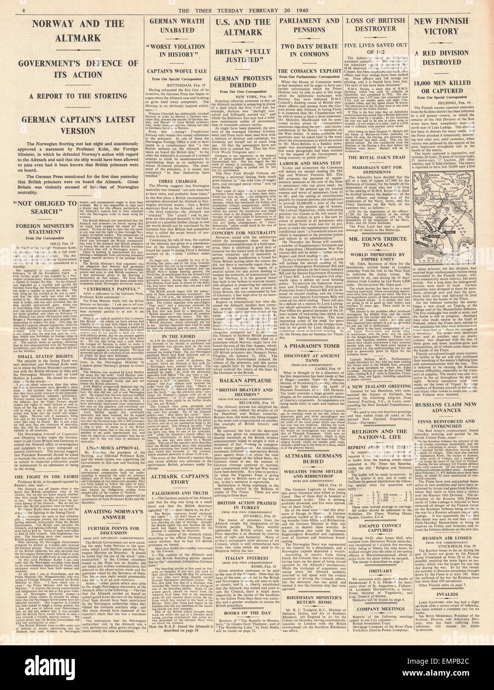 1940 i tempi pagina 8 la Norvegia può proporre ricorso alla lega delle nazioni su incidente Altmark Foto Stock