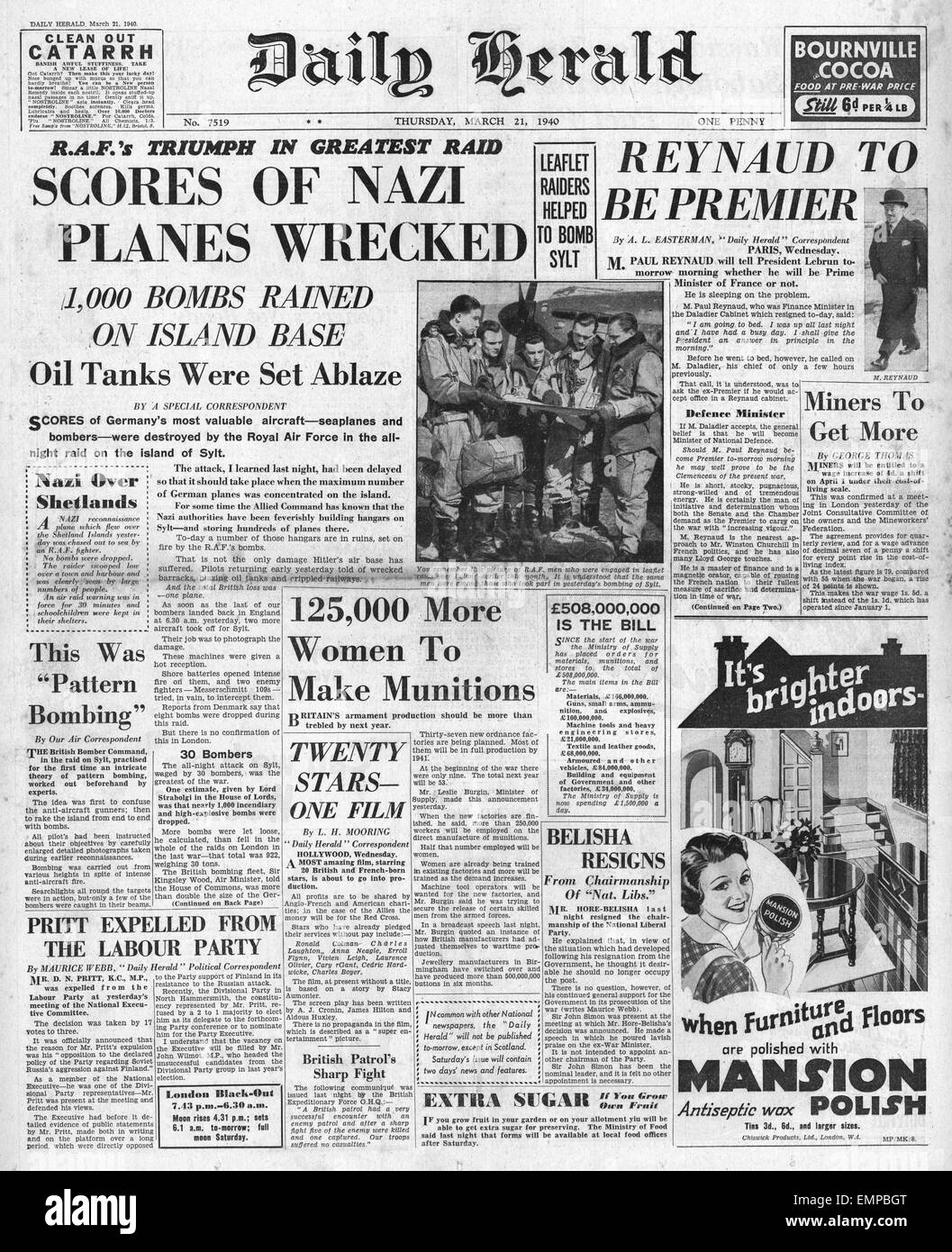 1940 front page Daily Herald RAF bomba isola tedesca di Sylt Paul Reynaud è il nuovo premier francese Foto Stock