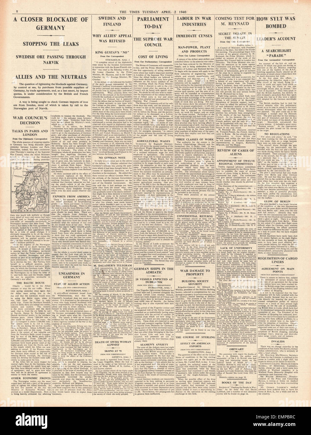 1940 Pagina 8 Tempi britannici governi francese chiamata per blocco più stretto della Germania industria britannica in materia di lavoro e Foto Stock