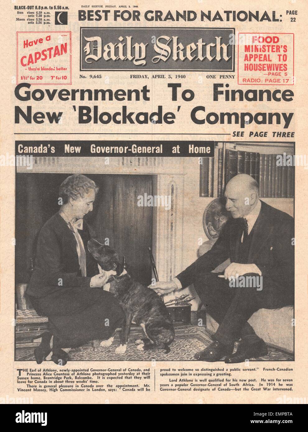 1940 front page schizzo giornaliero Earl di Athlone nominato nuovo governatore generale del Canada Foto Stock