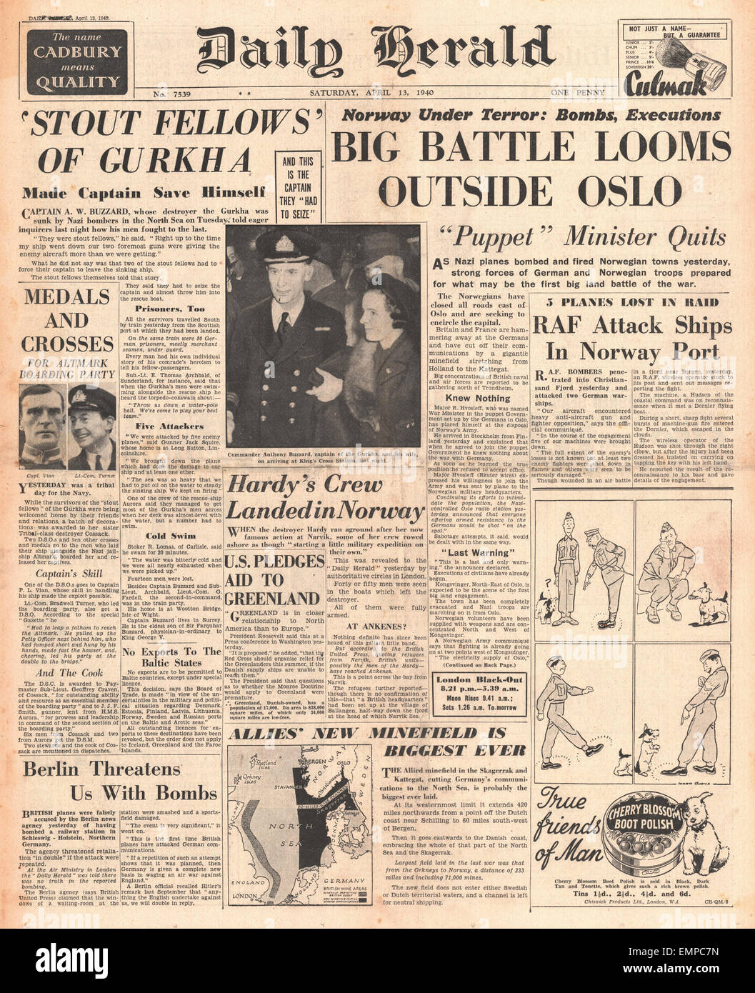1940 front page Daily Herald Battaglia di Norvegia Foto Stock