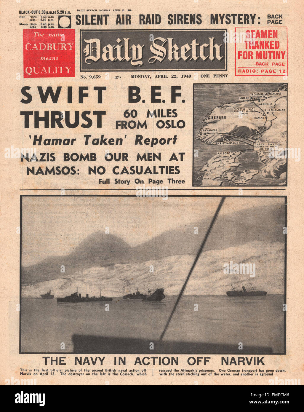 1940 front page schizzo quotidiana battaglia per la Norvegia Foto Stock