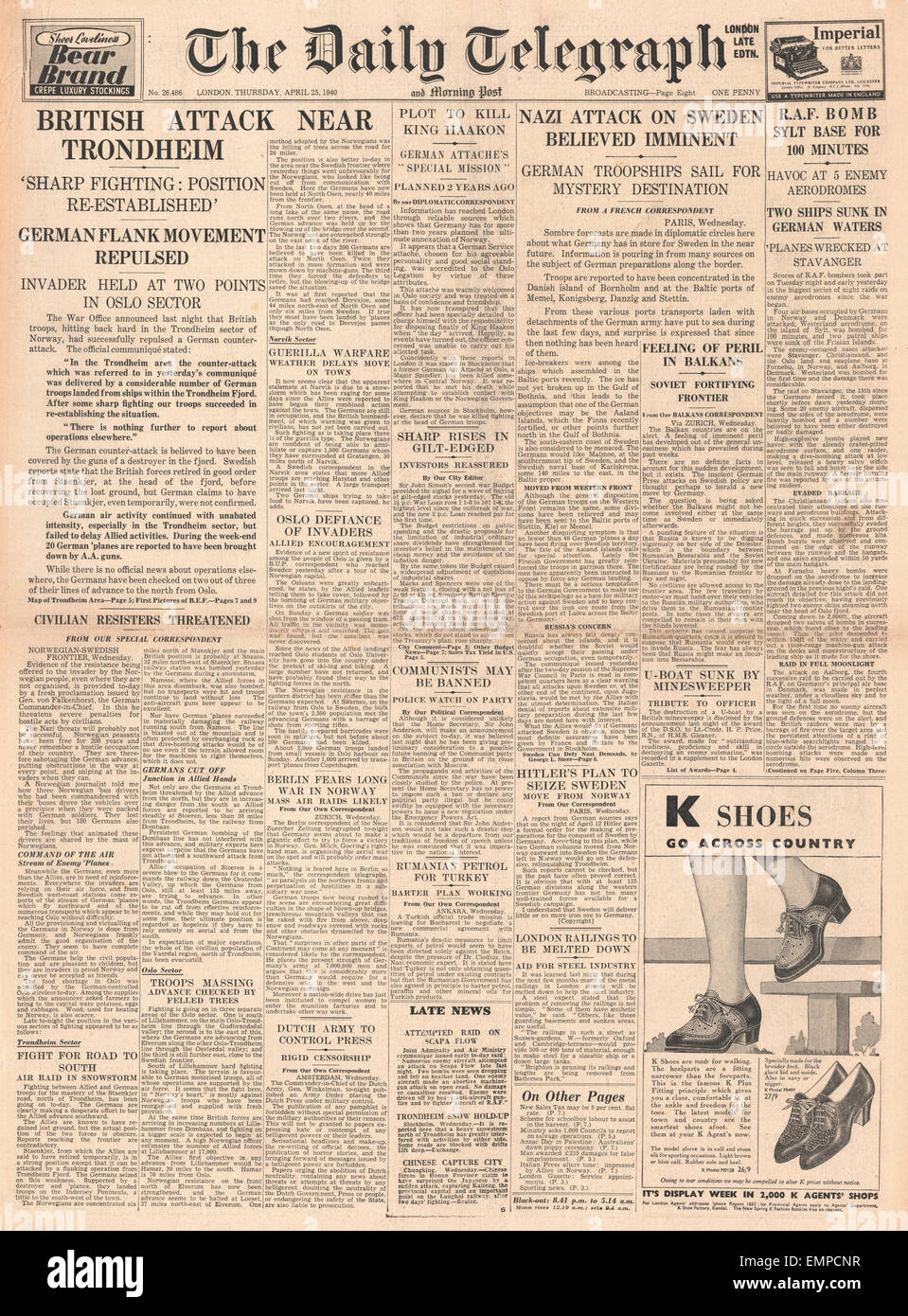 1940 front page Daily Telegraph forze britanniche attacchi Trondheim Foto Stock