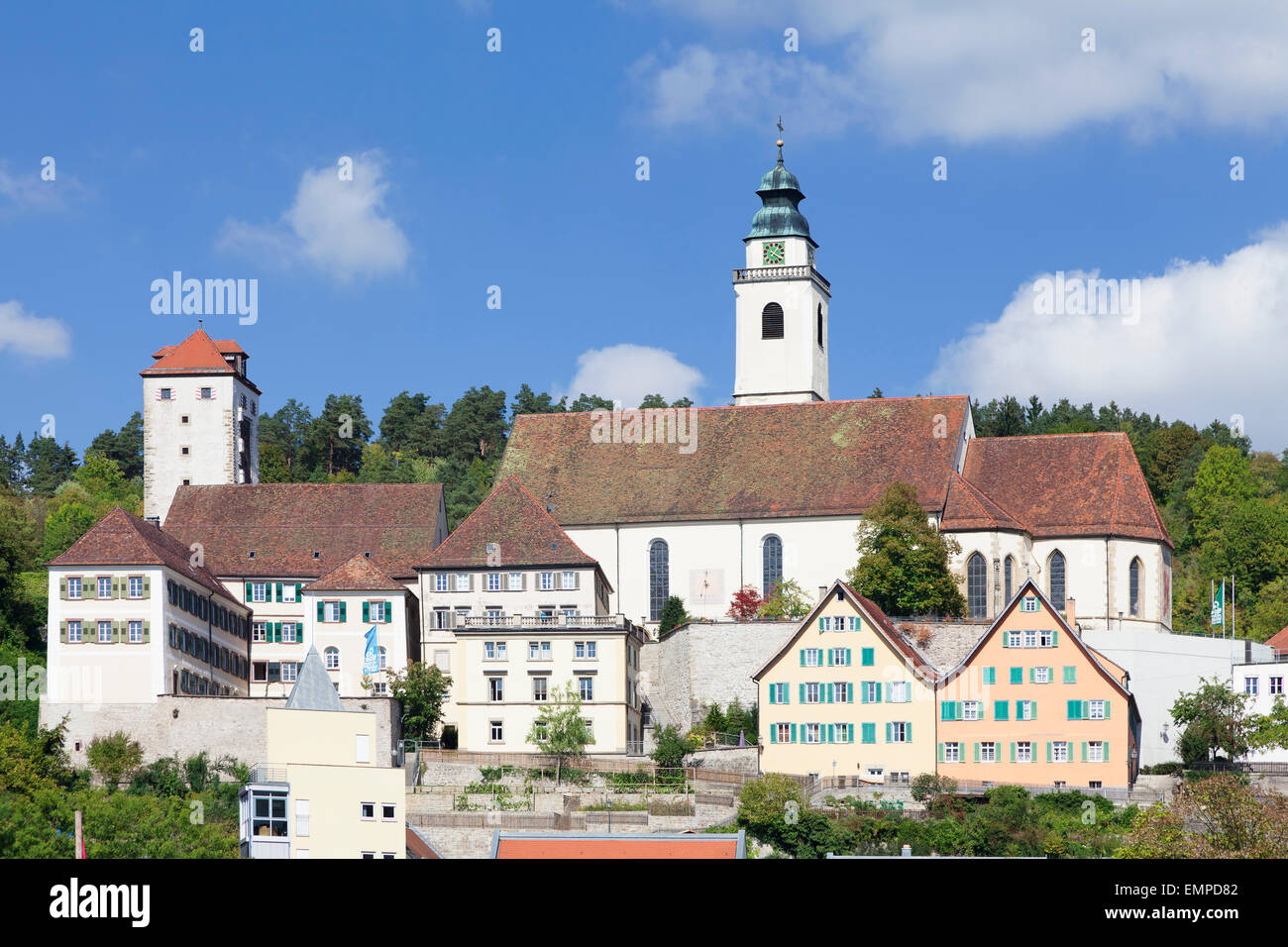 Ex Monastero Domenicano con Stiftskirche Heilig Kreuz o Croce santa chiesa Collegiata e la torre Schurkenturm, Horb am Neckar Foto Stock