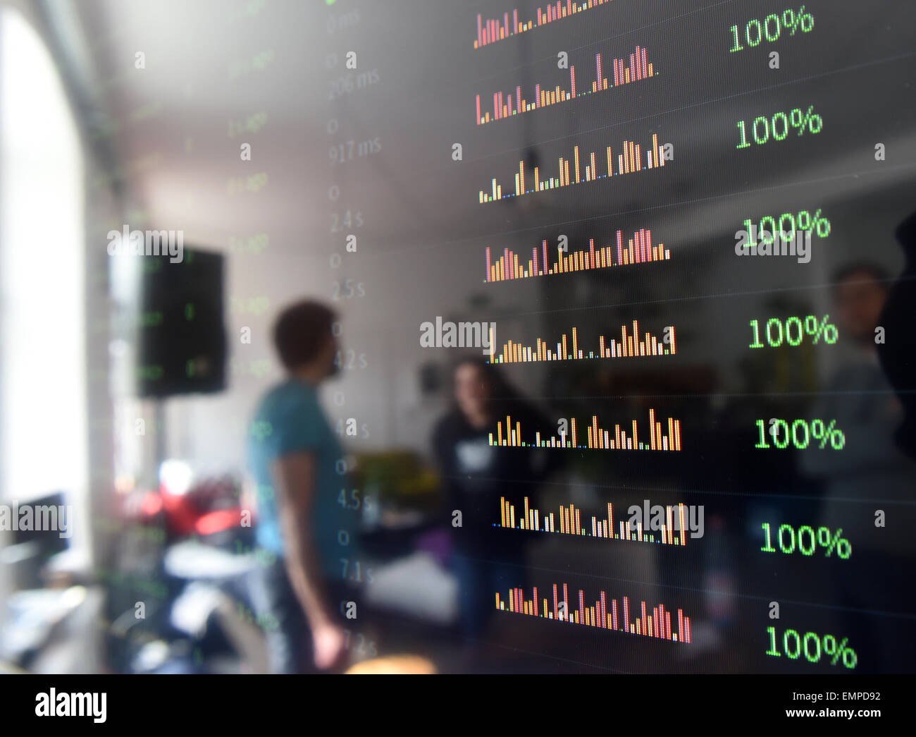 Il live di acquisizione dati della rete Ethereum possono essere visti sullo schermo di un computer al Ethereum DEV uffici a Berlino, Germania, 14 aprile 2015. Ethereum è una piattaforma open source che ospita le applicazioni e i dati su una rete decentrata. Mentre la catena di blocco di tecnologia del cryptocurrency Bitcoin è limitato a finanziare questo riguarda le applicazioni che normalmente richiederebbero escrow services, come per esempio per le applicazioni finanziarie, applicazioni per il social networking notai o servizi di prenotazione che hanno la necessità di salvare e convalidare i dati verificabili. Foto: Jens KALAENE/dpa Foto Stock