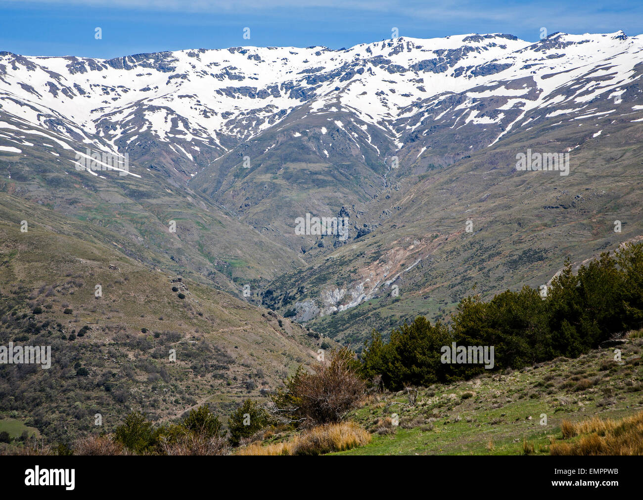 Snow capped Sierra Nevada, Alta Alpujarras, vicino a Capileira, provincia di Granada, Spagna Foto Stock