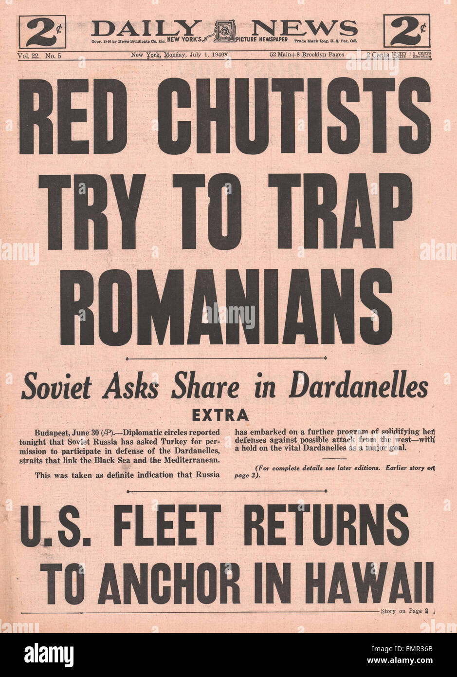 1940 front page Daily News (New York) pesanti combattimenti in Romania tra russo forze rumeno Foto Stock