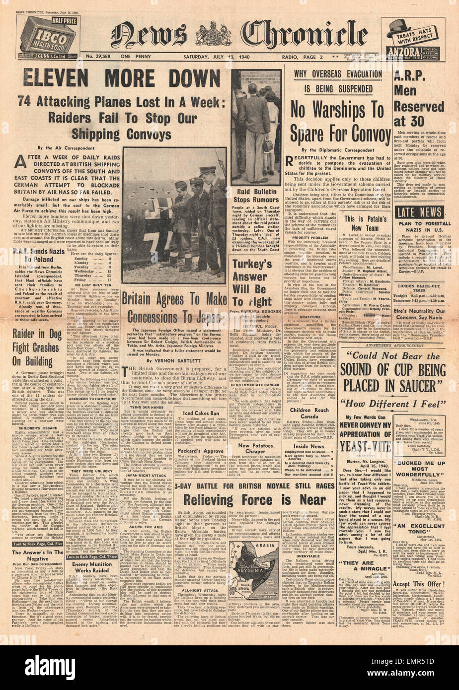 1940 front page News cronaca battaglia della Gran Bretagna Foto Stock