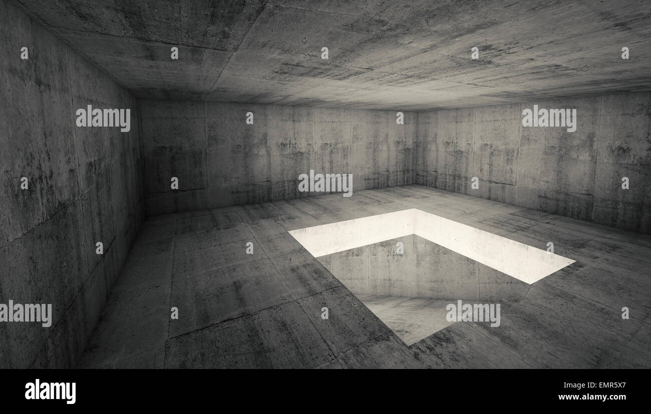 Abstract architettura sfondo, vuota di calcestruzzo scuro sala interna con foro quadrato sul pavimento, 3d illustrazione Foto Stock
