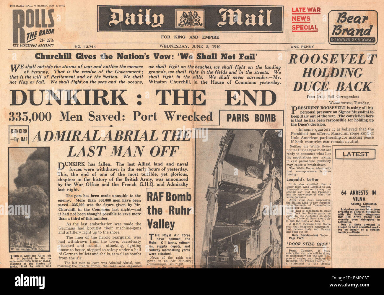 1940 front page Daily Mail evacuazione di Dunkerque è completa cade per le forze tedesche Foto Stock