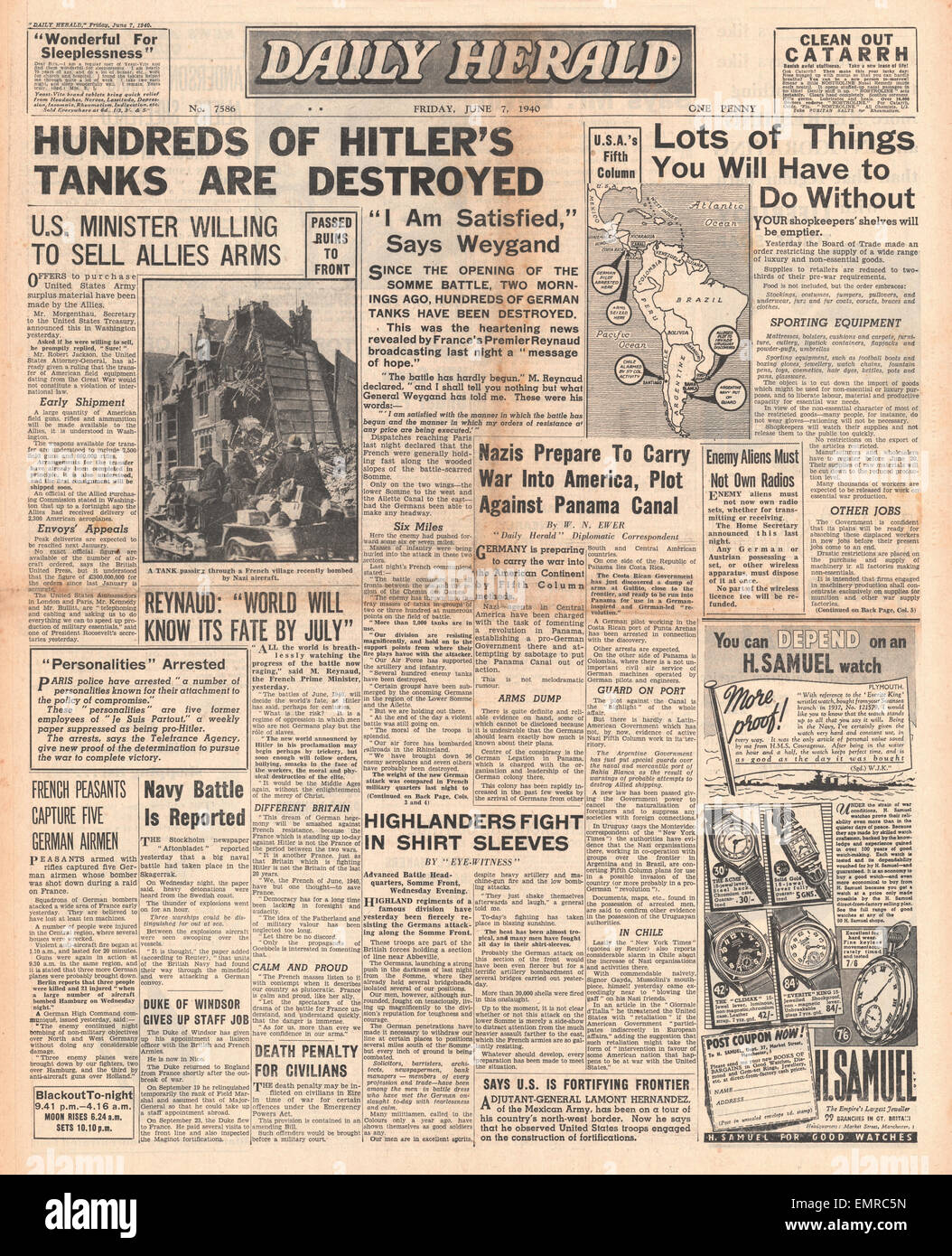 1940 front page Daily Herald le forze tedesche dirigetevi a sud verso Parigi esercito francese halt anticipo di carri armati tedeschi Foto Stock