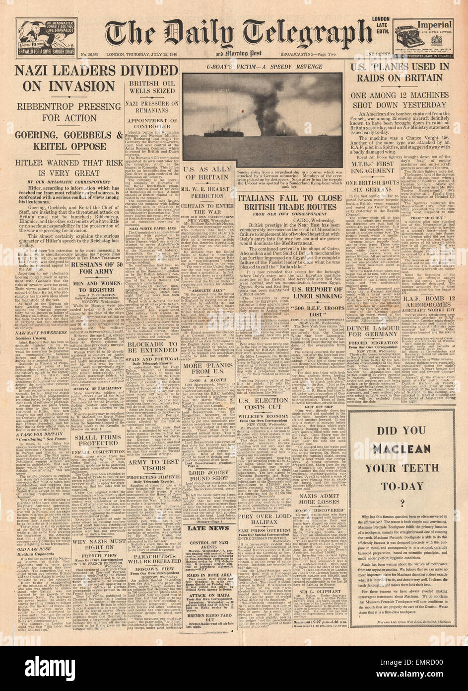 1940 front page Daily Telegraph governo tedesco diviso su invasione Foto Stock