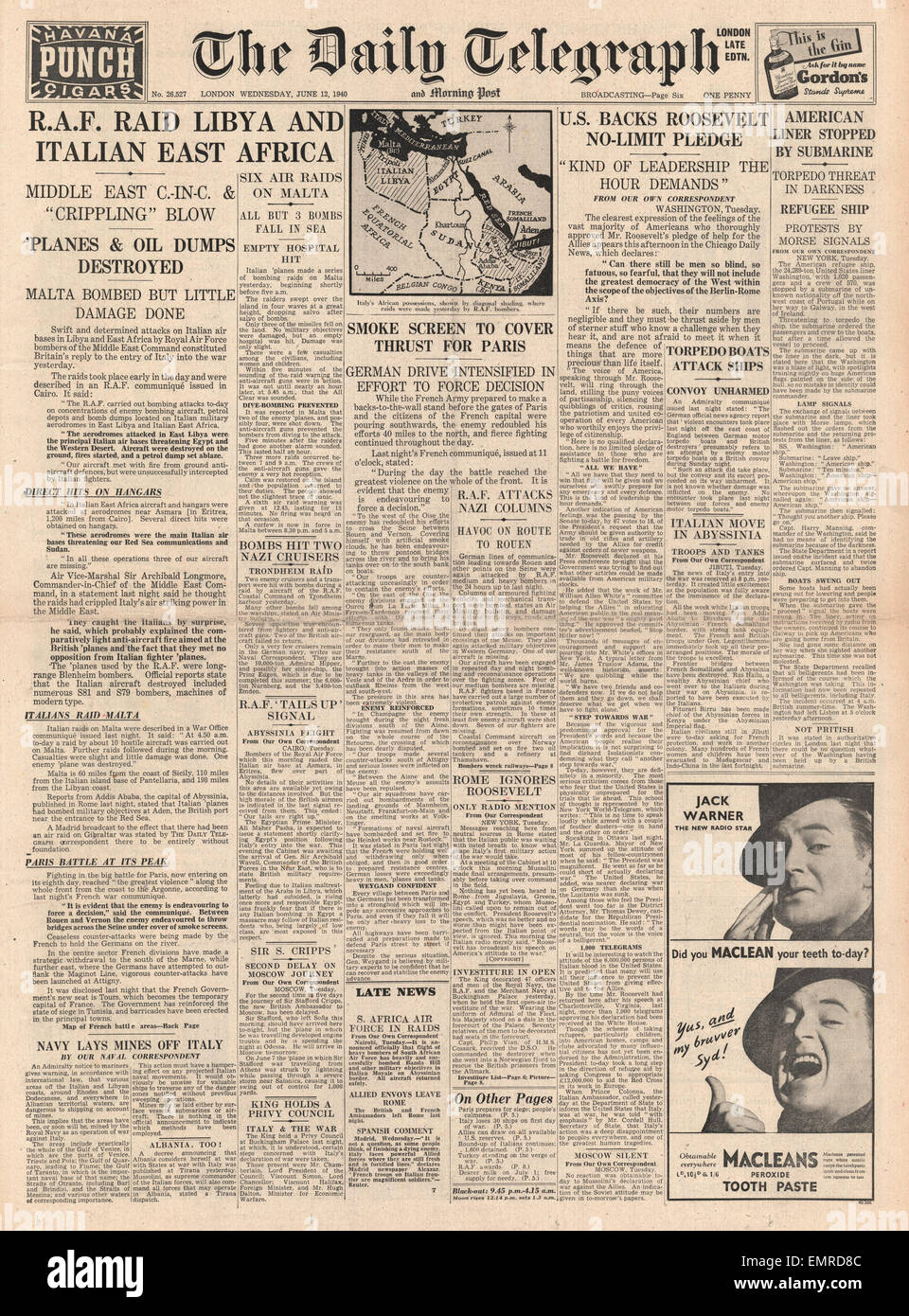 1940 front page Daily Telegraph RAF incursioni in Libia Africa Orientale Italiana il presidente Roosevelt si impegna più AIUTI DEGLI STATI UNITI Foto Stock