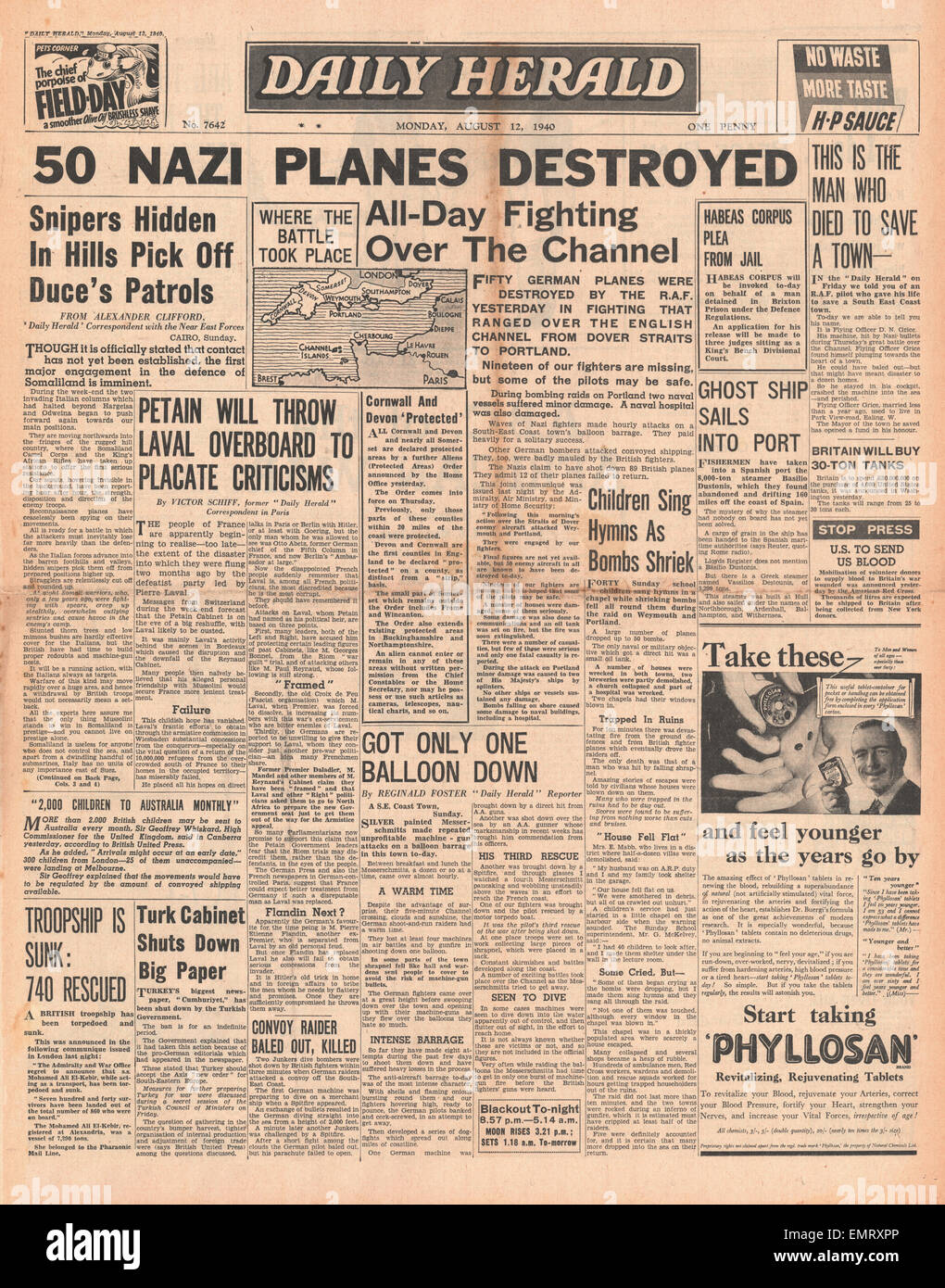 1940 front page Daily Herald battaglie aeree tra RAF Luftwaffe oltre l'Inghilterra del sud-est Foto Stock