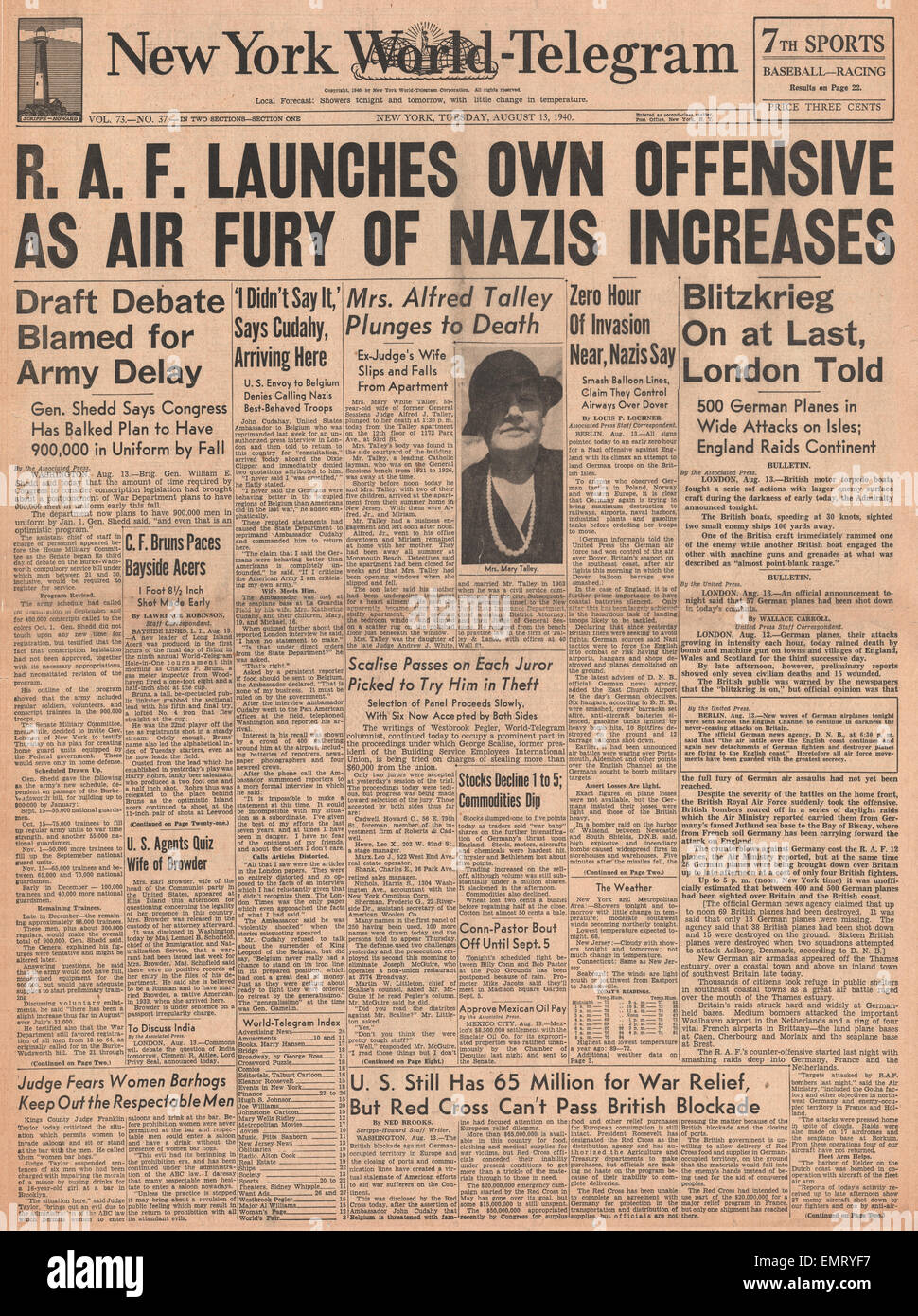 1940 front page New York World telegramma battaglie aeree tra RAF Luftwaffe oltre l'Inghilterra del sud-est Foto Stock