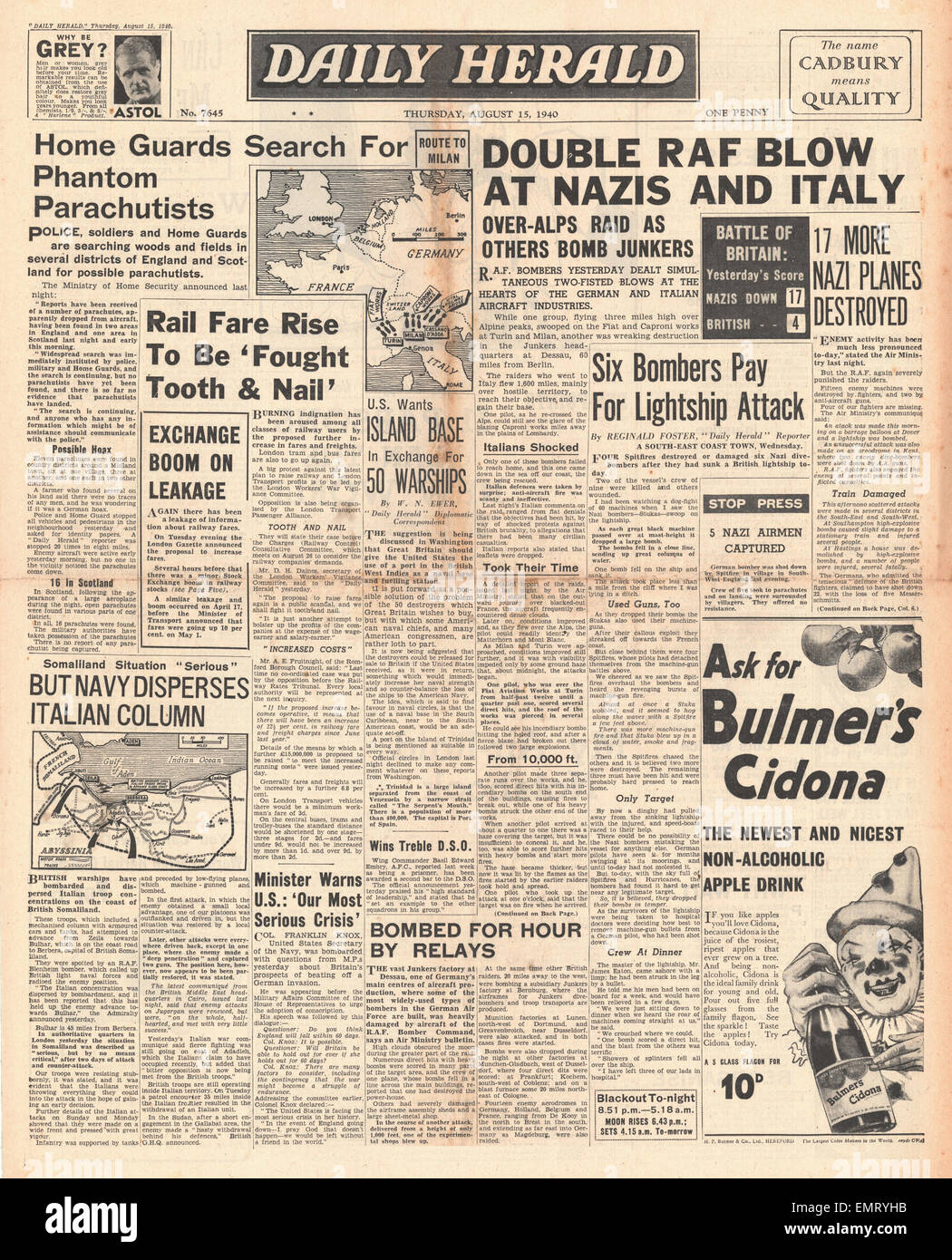 1940 front page Daily Herald RAF tedesco bomba aerei italiani fabbriche Home Guard cerca per Phantom paracadutisti Foto Stock