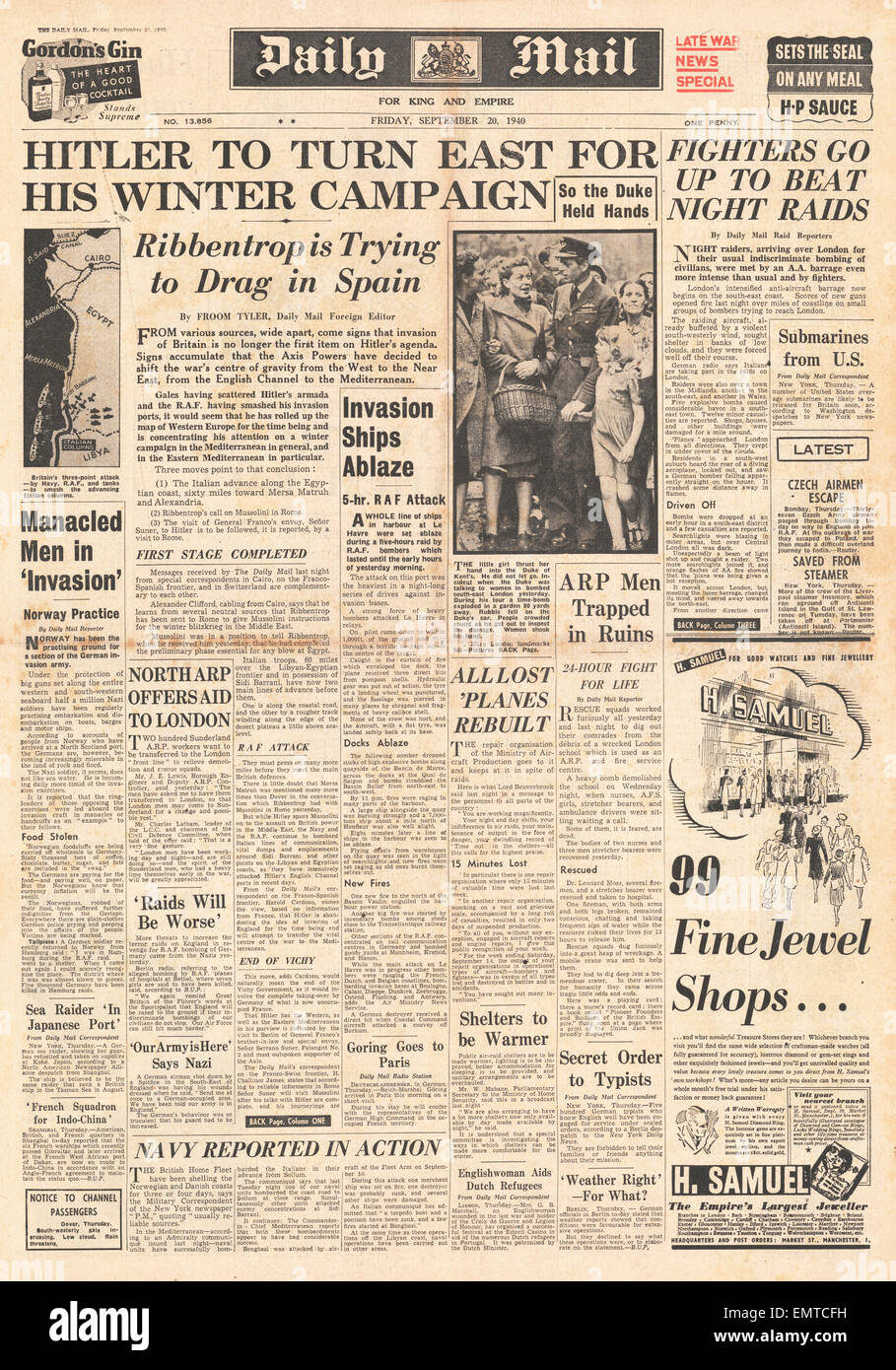 1940 front page Daily Mail Hitler si concentra in allontanamento dalla Gran Bretagna al Mediterraneo Foto Stock