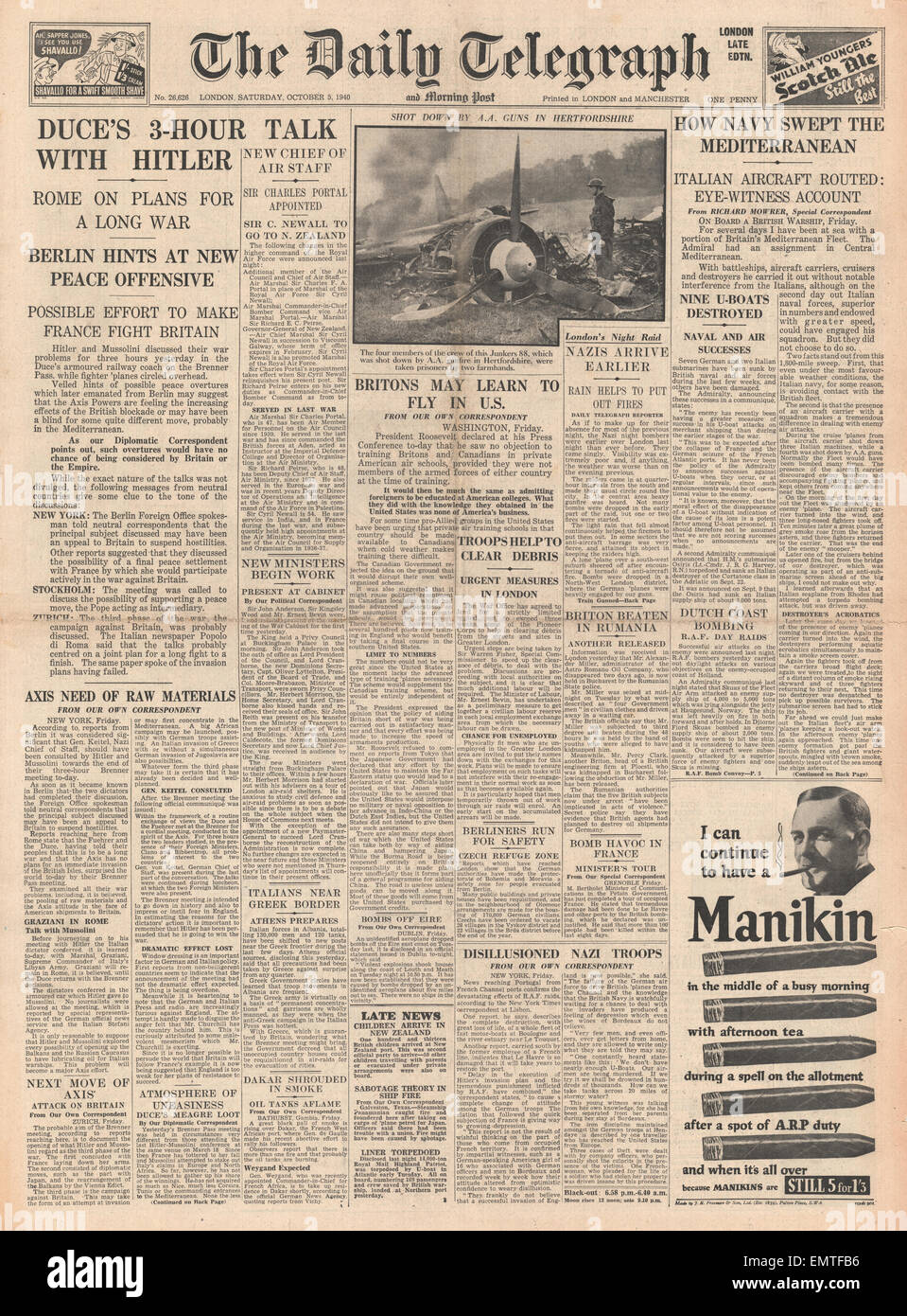 1940 front page Daily Telegraph Mussolini Hitler incontrare per colloqui presso il passo del Brennero nove U-barche affondate Foto Stock