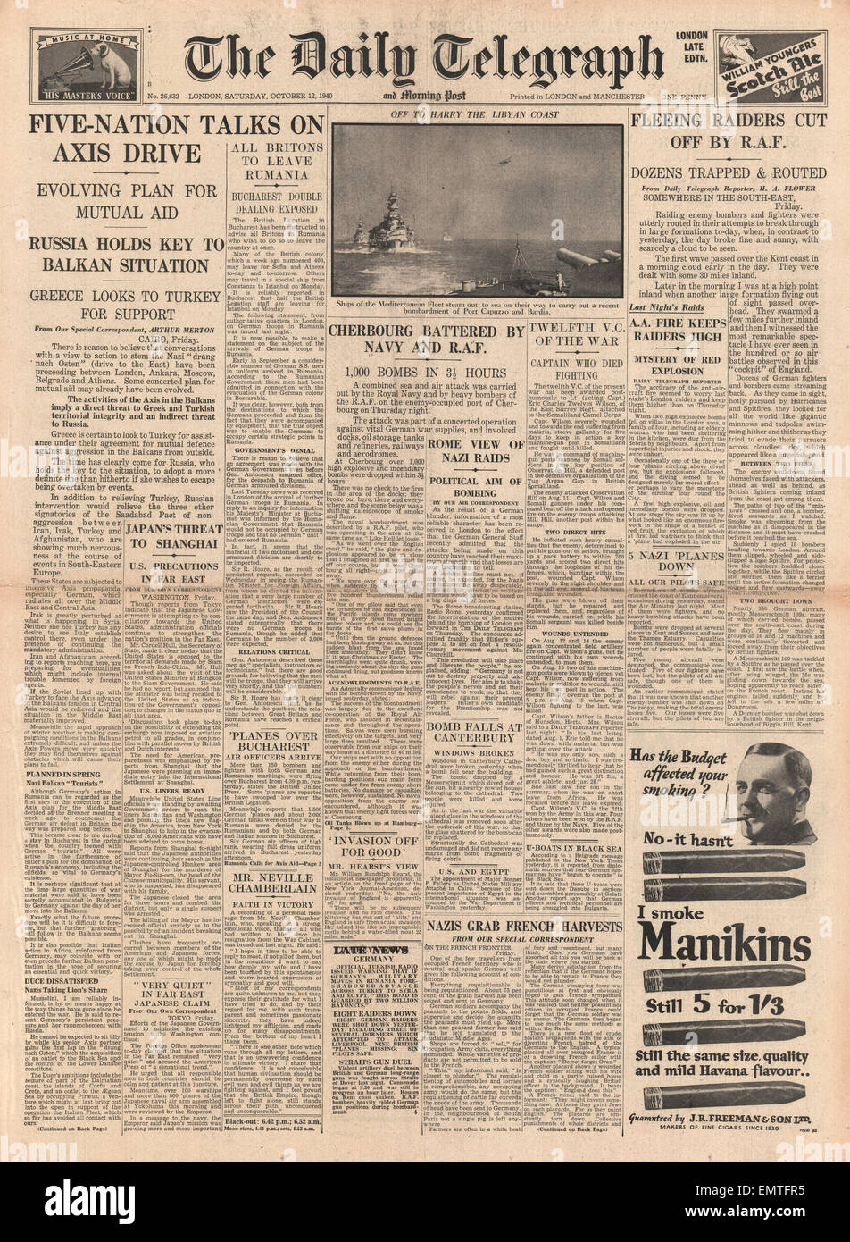 1940 front page Daily Telegraph cinque Nazione colloqui su asse rigido RAF Royal Navy bomba Cherbourg Foto Stock