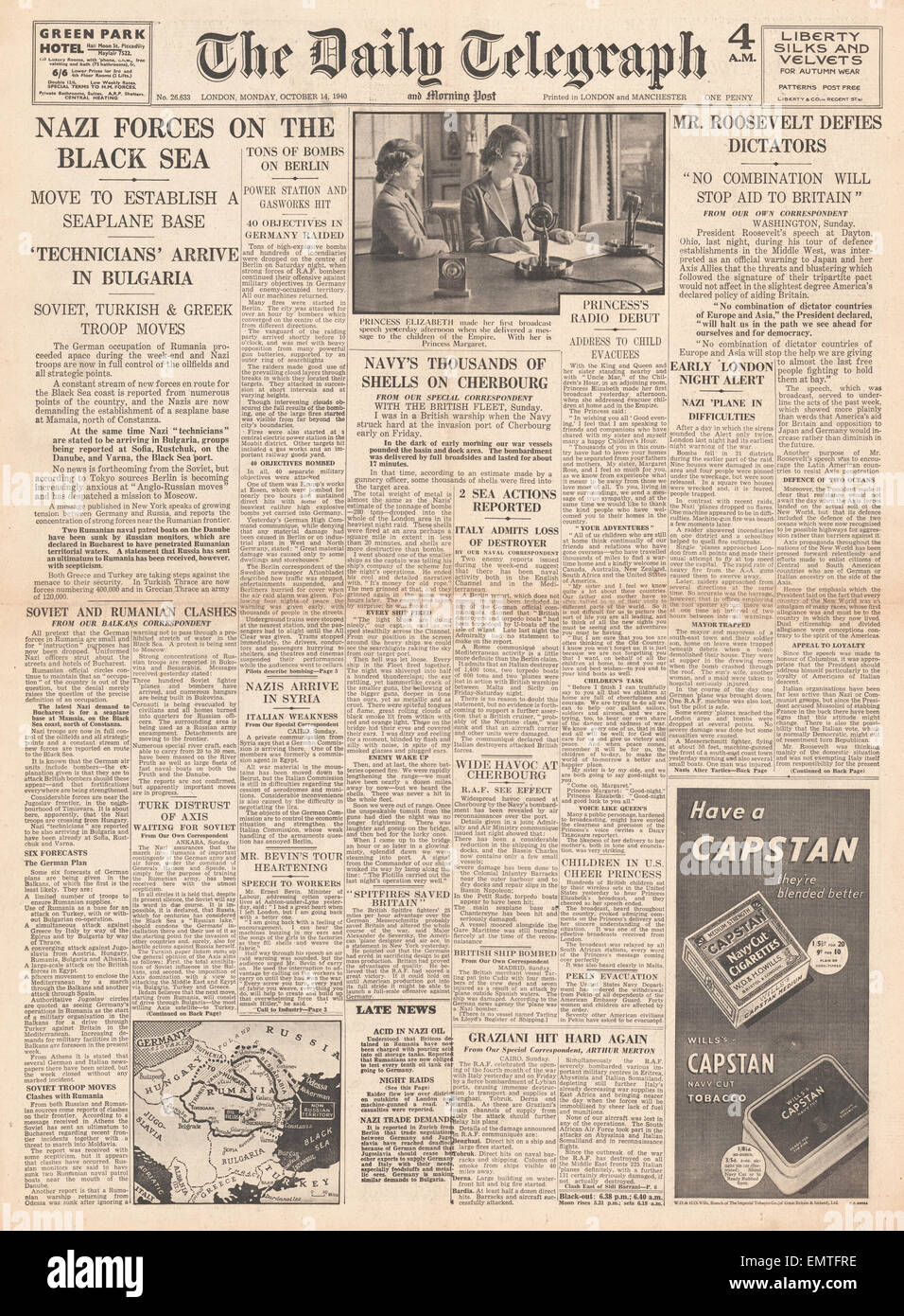 1940 front page Daily Telegraph le forze tedesche sul Mar Nero La Principessa Elisabetta fa il suo primo discorso di broadcast Foto Stock