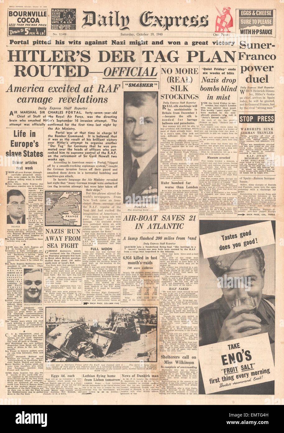 1940 front page Daily Express di Hitler piani di invasione instradati Foto Stock