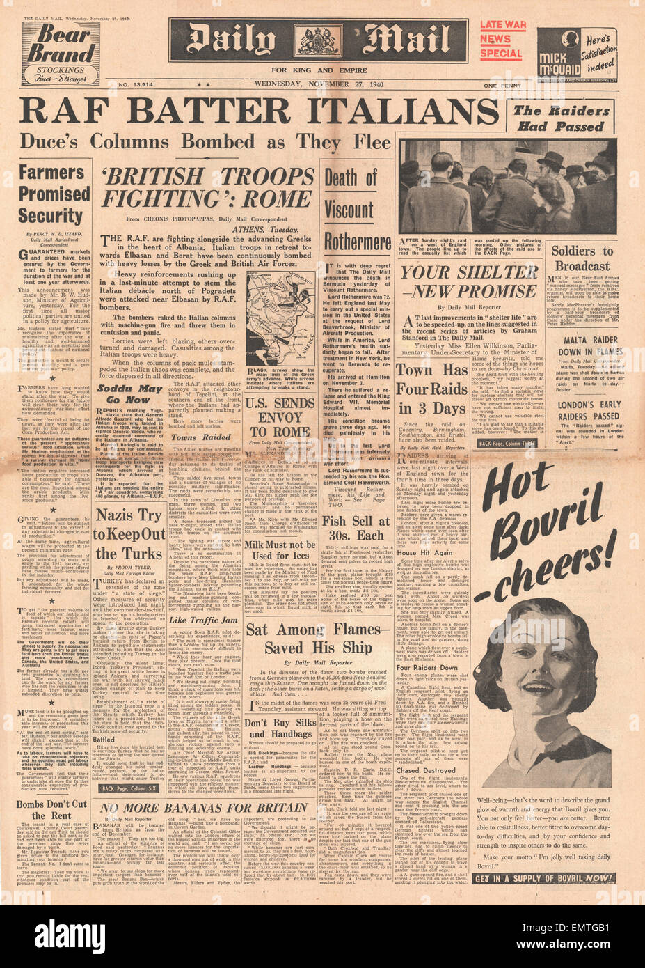 1940 front page Daily Mail RAF pastella forze italiane la morte del Signore Rothermere Foto Stock