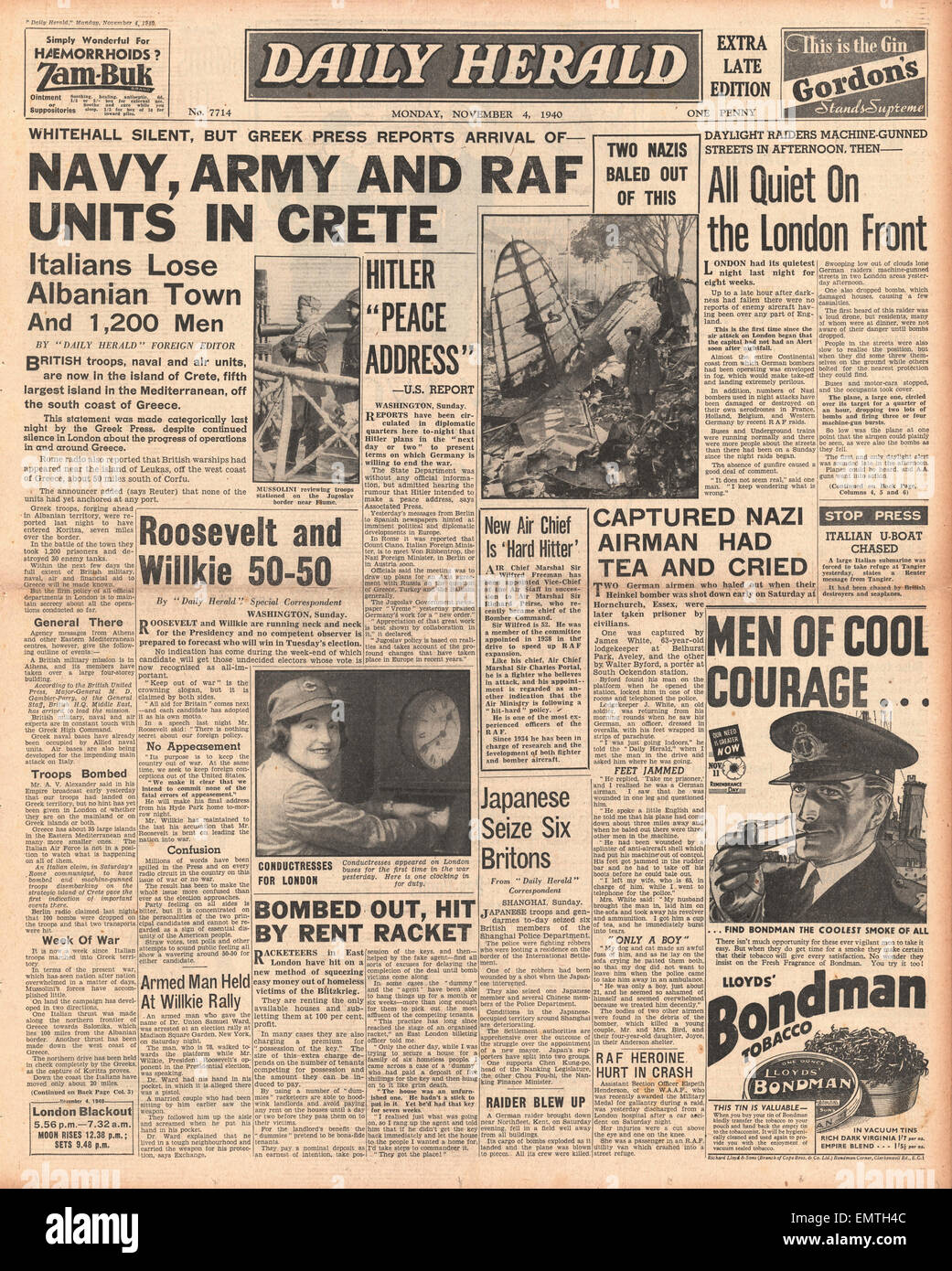 1940 front page Daily Herald esercito britannico, Navy RAF ora a Creta noi elezioni presidenziali Foto Stock