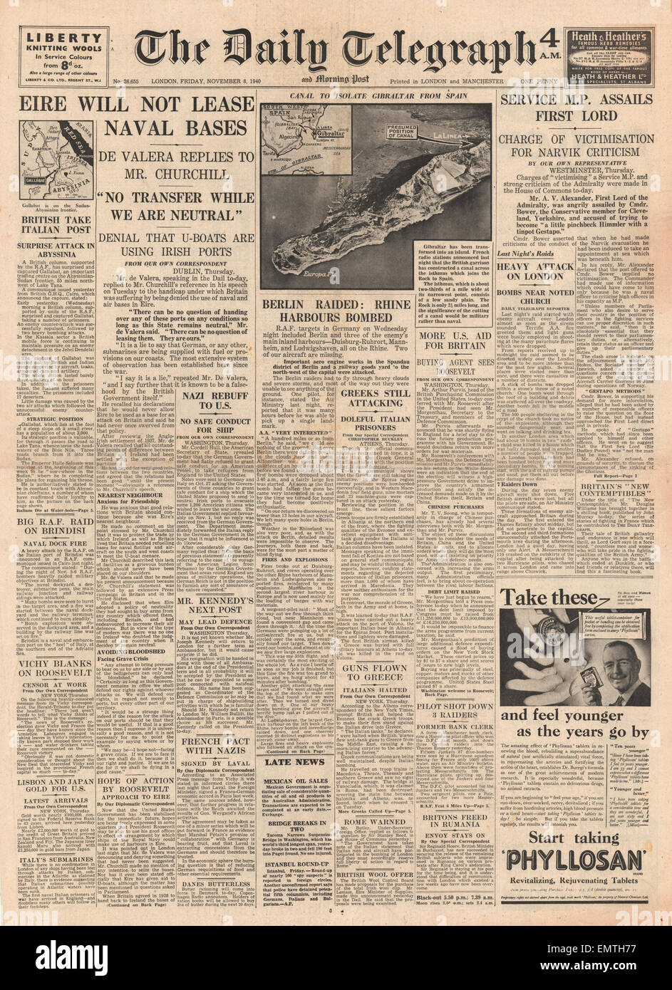 1940 front page Daily Telegraph Eire rifiuta di leasing delle basi navali in Gran Bretagna le truppe britanniche dig canal per isolare Gibilterra Foto Stock