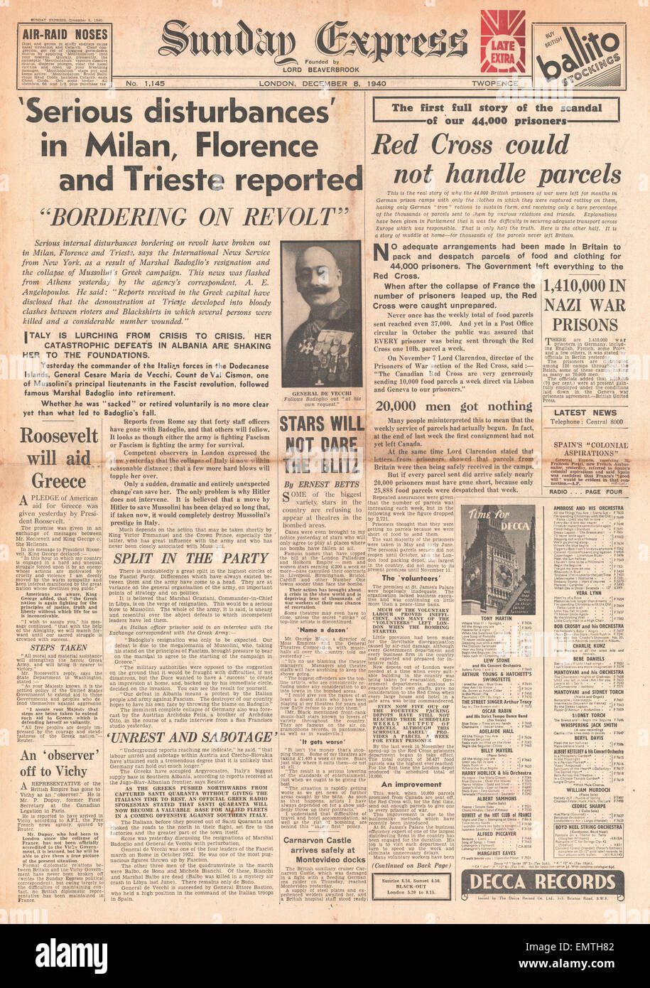 1940 front page Sunday Express disordini civili in Milano, Firenze Trieste Foto Stock