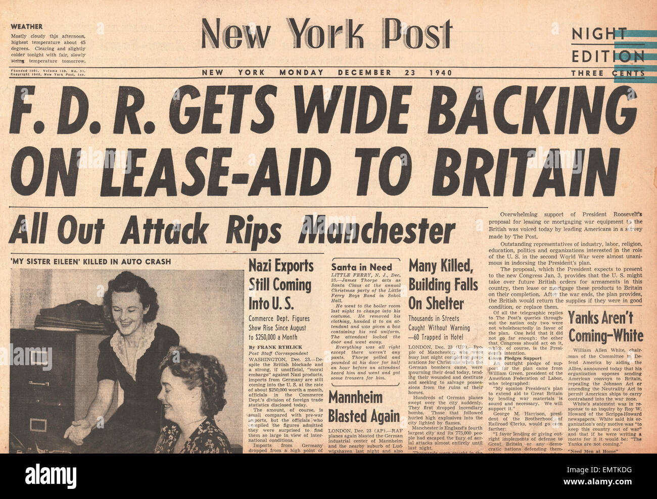 1940 front page New York Post Roosevelt diventa il supporto su lease-aiuto per la Gran Bretagna Foto Stock