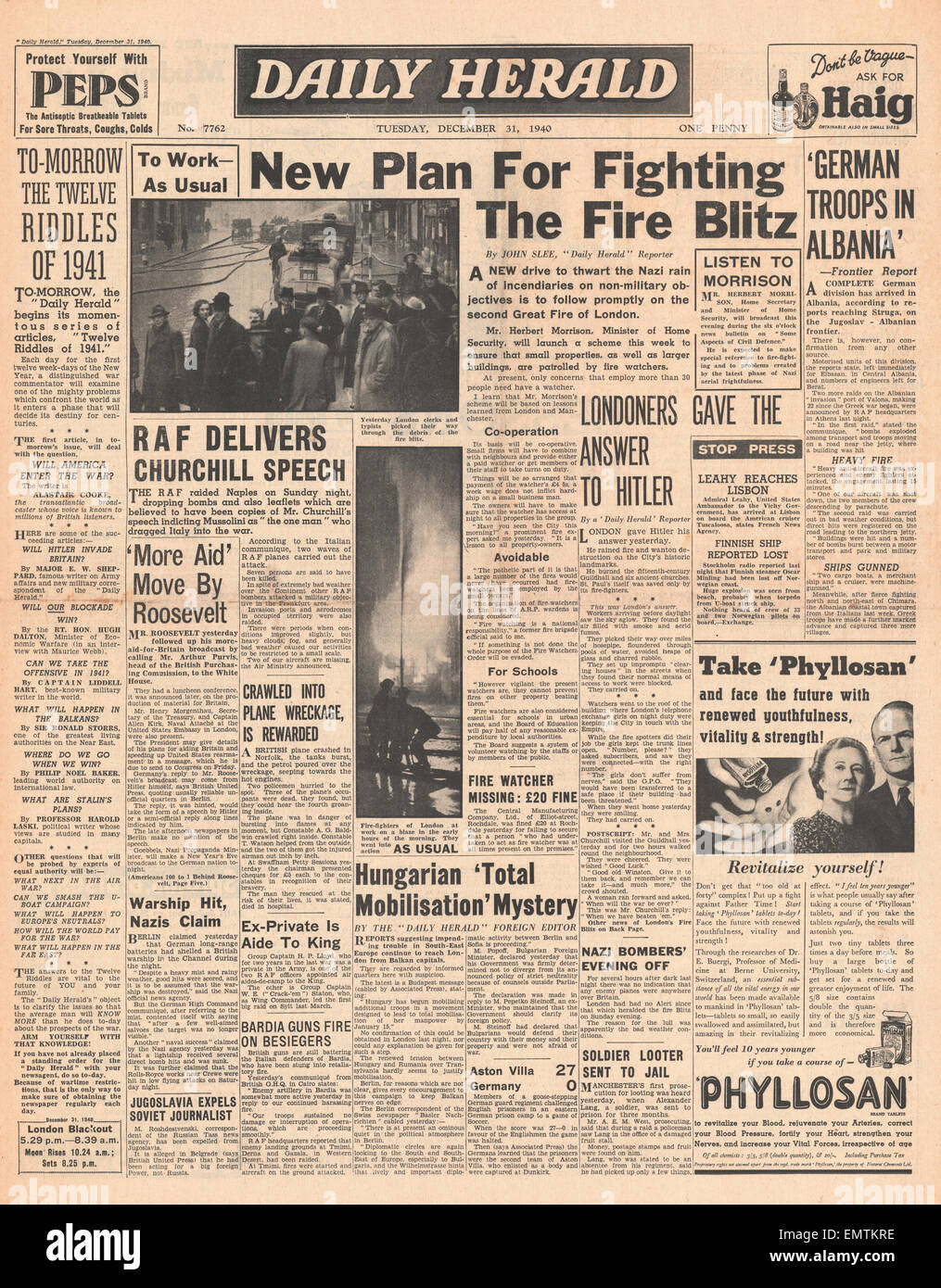 1940 front page Daily Herald Blitz bombardamenti di Londra Foto Stock