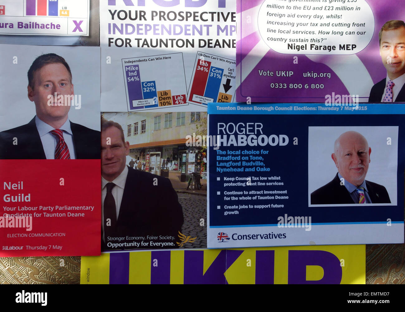 Varie partito politico generale elezione volantini, Somerset, Inghilterra Foto Stock