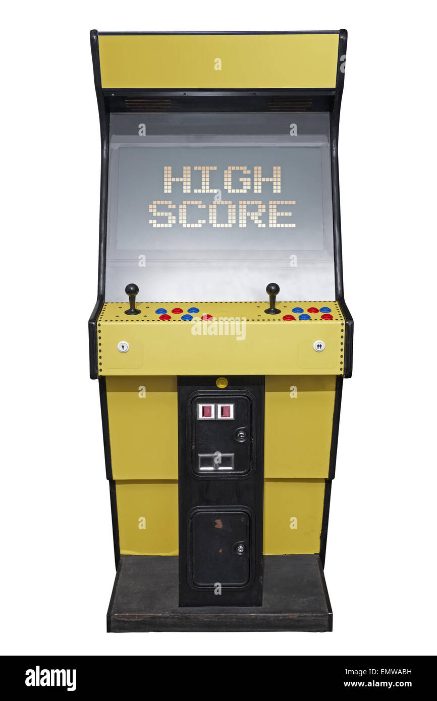 Vintage video gioco con punteggio elevato schermo isolato su bianco Foto Stock