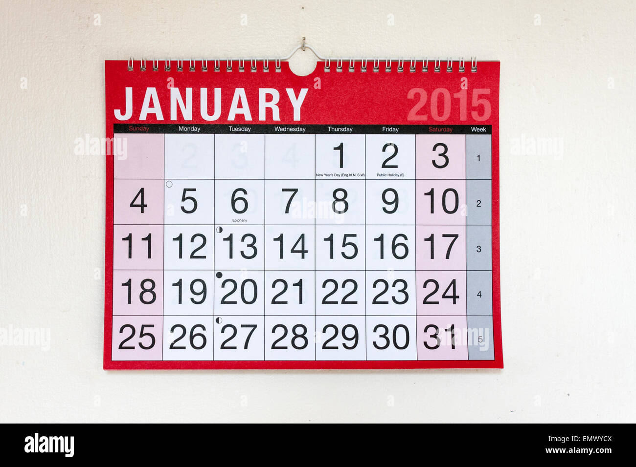 Calendario da parete per il mese di gennaio 2015 Foto Stock