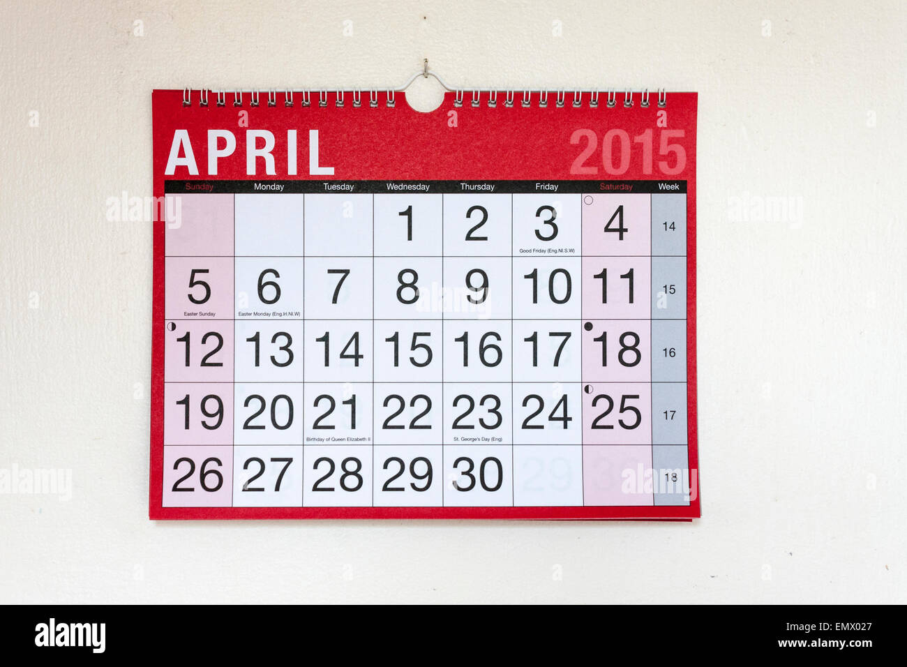 Calendario da parete per il mese di aprile 2015 Foto Stock
