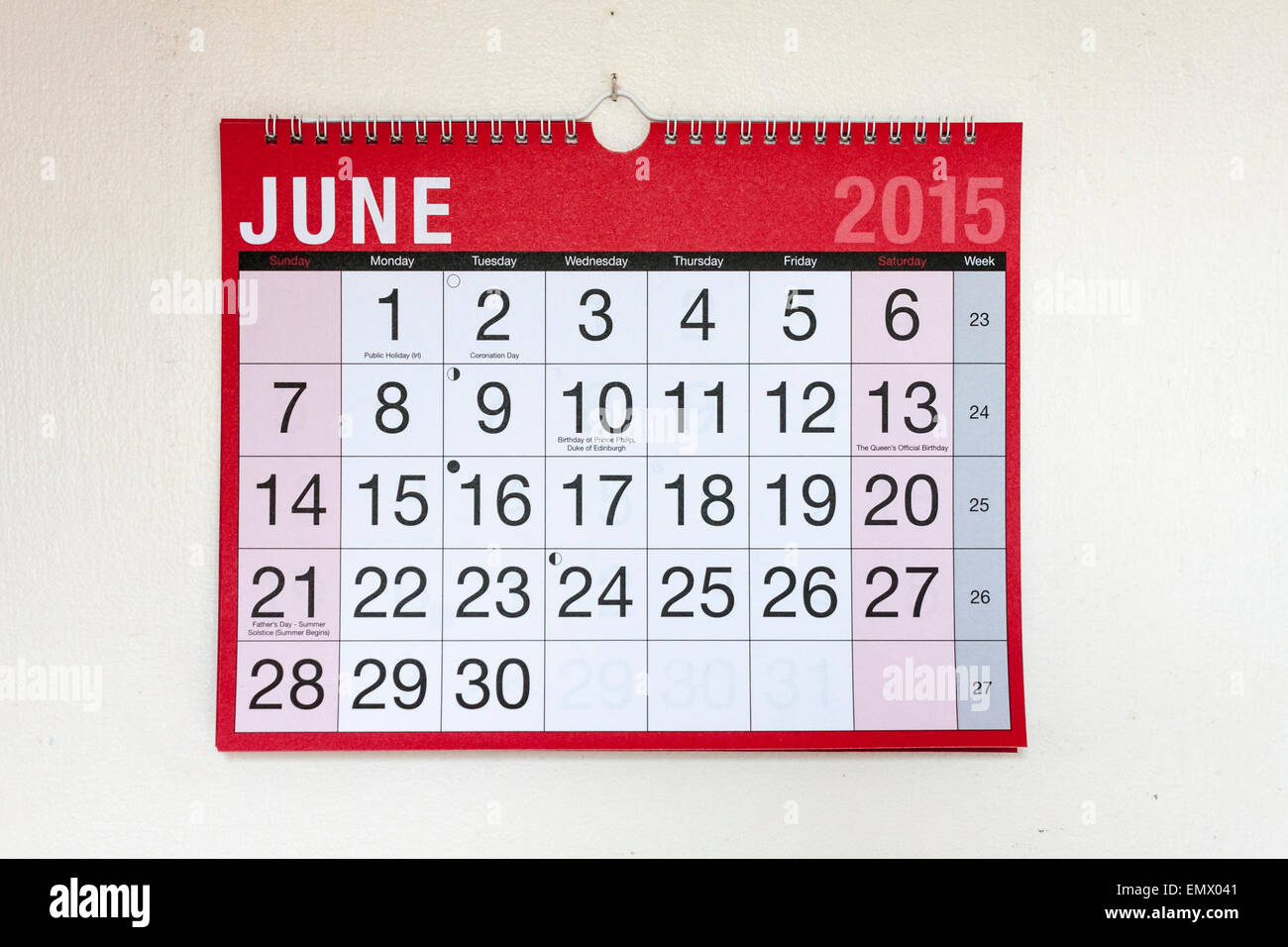 Calendario da parete per il mese di giugno 2015 Foto Stock