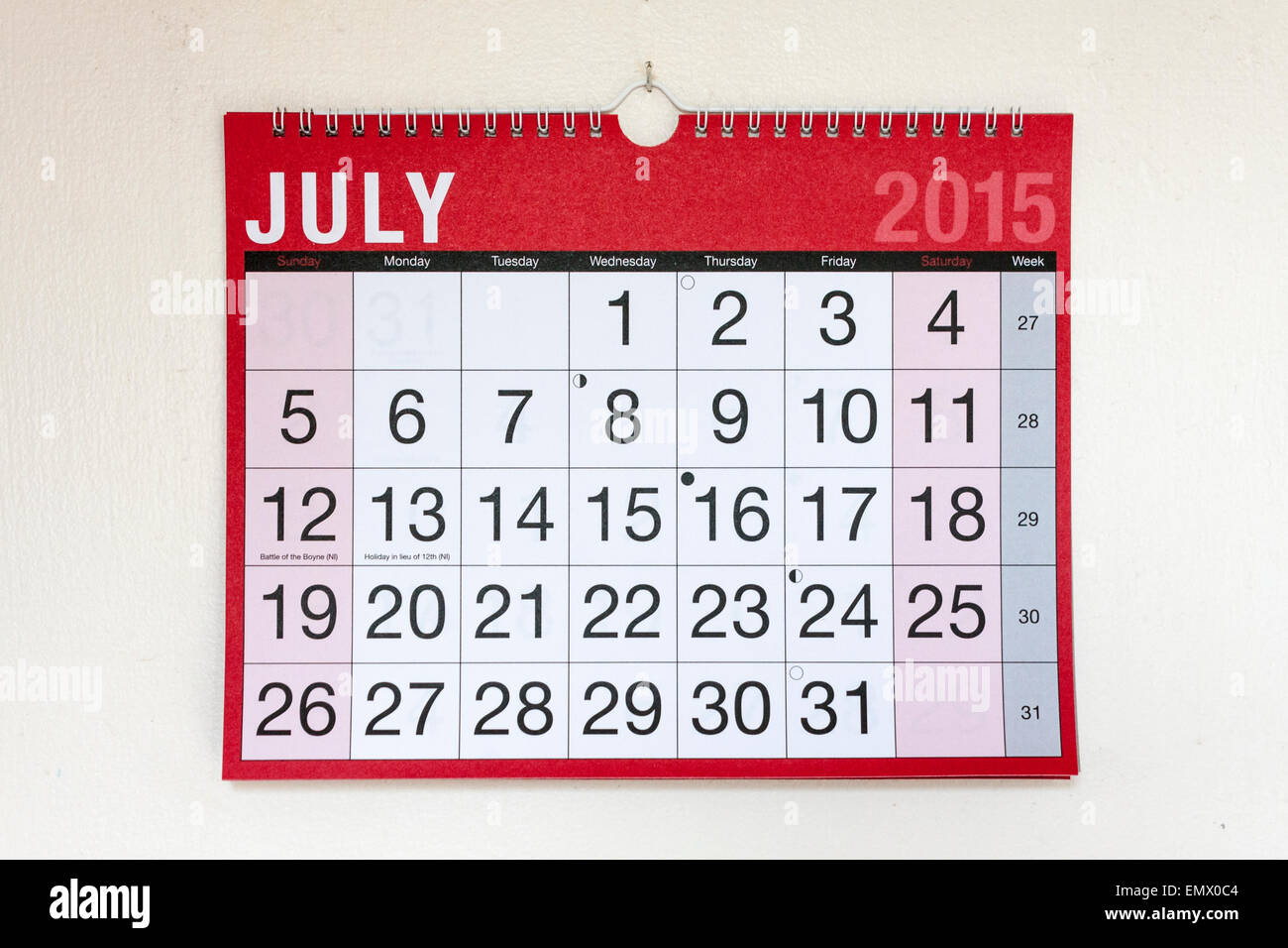 Calendario da parete per il mese di luglio 2015 Foto Stock