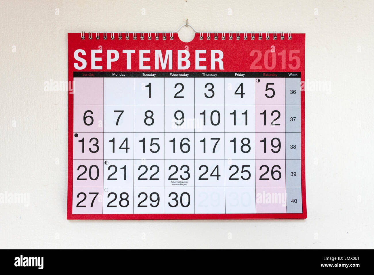 Calendario da parete per il mese di settembre 2015 Foto Stock