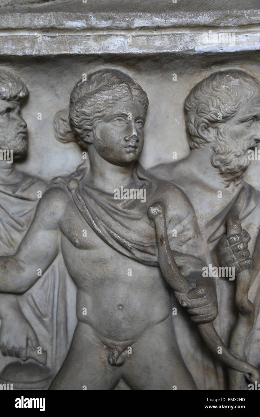 Epoca romana. Sarcofago di Metilia Acte. C. 161-170 CE. Il rilievo raffigura scene del mito di Alcestis. Musei Vaticani. Foto Stock